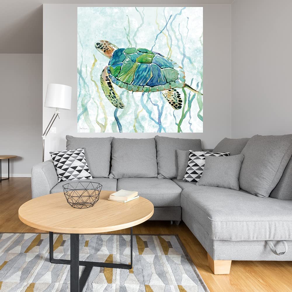Sea Turtle Swim II Canvas Wall Art Print by Carol Robinson - 22x22 Inch Ready to Hang Ocean Themed Decor for Living Room, Bedroom, Bathroom & Office - Perfect for Beach House, Coastal Style or Nature Lover's Home