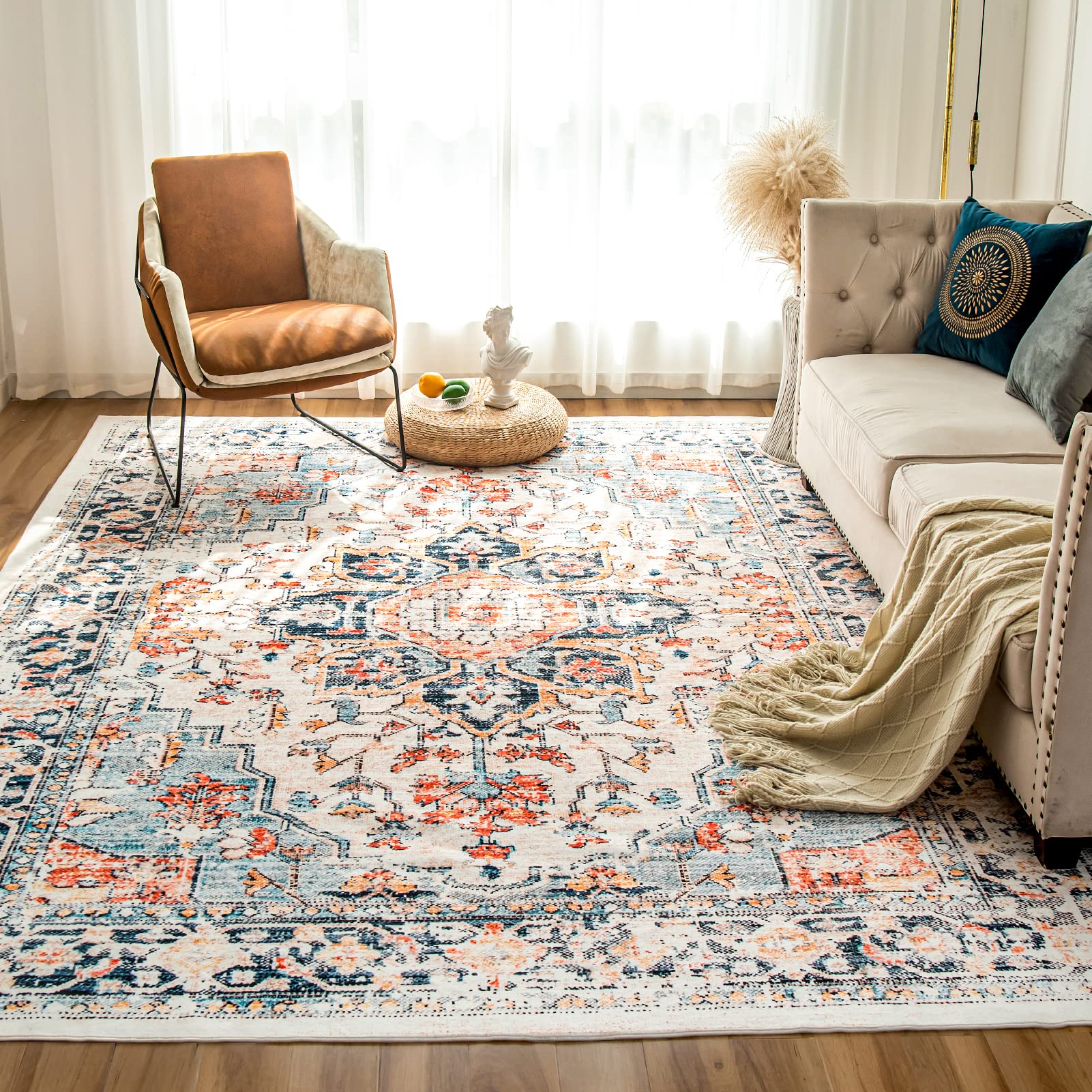 VK VK·LIVING 9'x12' Vintage Washable Area Rug - Non-Slip Machine Washable Rug for Living Room, Bedroom, Office - Blue & Orange Boho Traditional Woven Carpet | Stain Resistant & Durable | Perfect for Home Decor, Boho Chic Spaces & High Traffic Areas