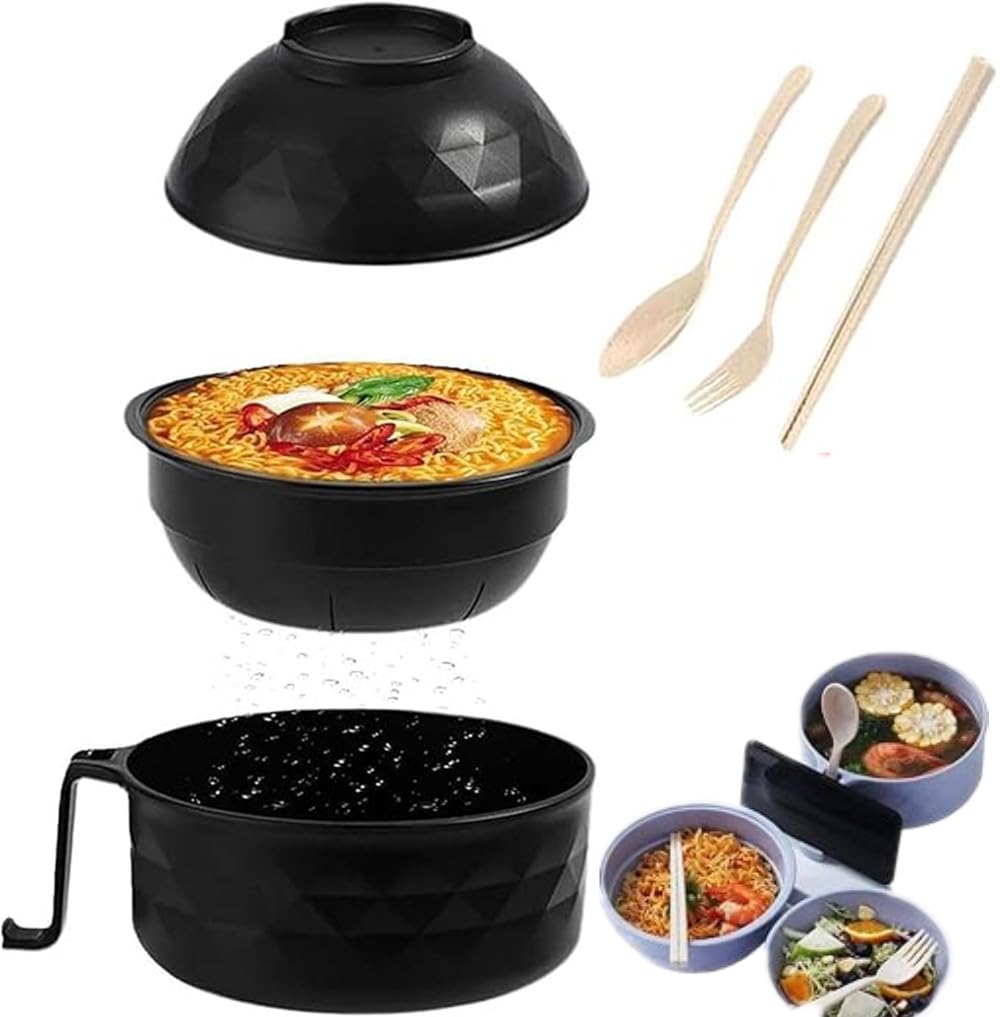 6-Piece Microwave Safe Ramen Bowl Set with Lid & Handle - BPA-Free Noodle Cooker for Home, Office, Dorm - Perfect for Instant Ramen, Soup & Microwave Cooking (Black)
