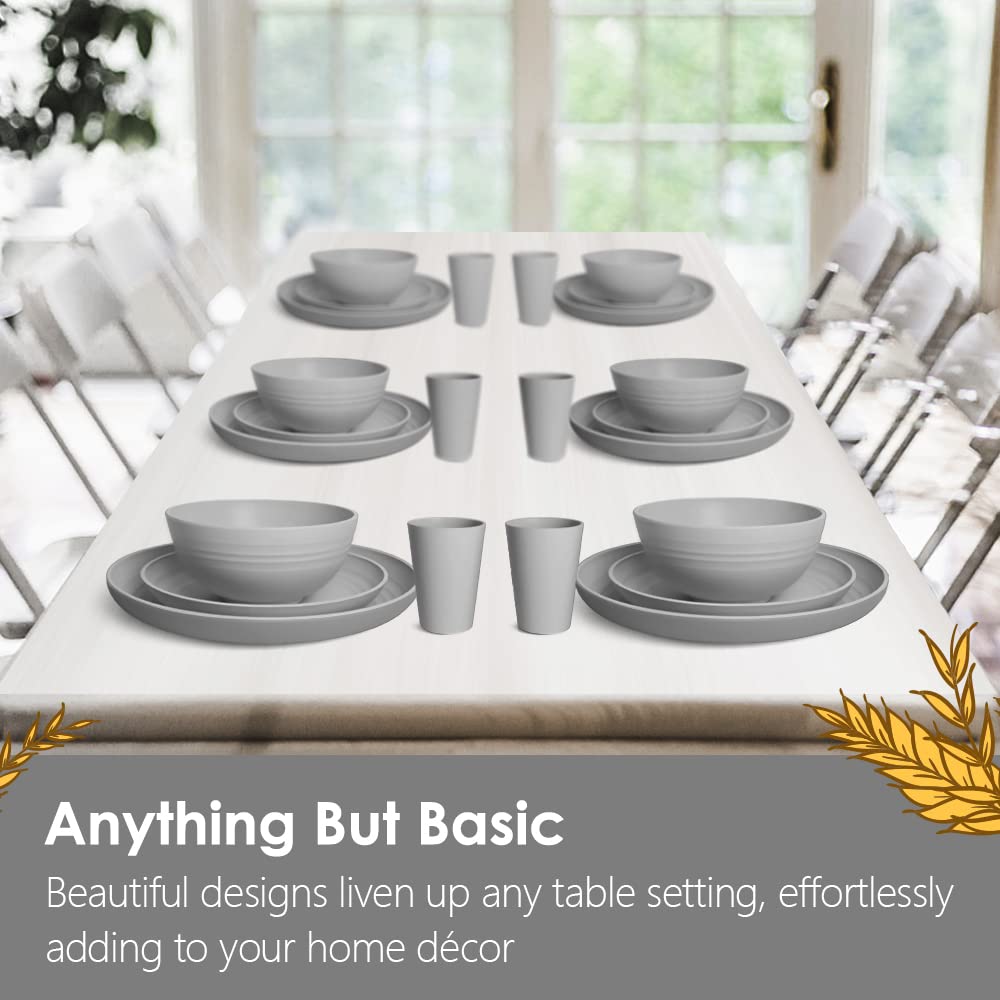 Teivio 24-Piece Unbreakable Plastic Dinnerware Set for 6 - Durable Dinner Plates, Dessert Plates, Bowls & Cups - Perfect for Outdoor Camping, Picnics & RV Travel - BPA-Free Dish Set in Modern Grey