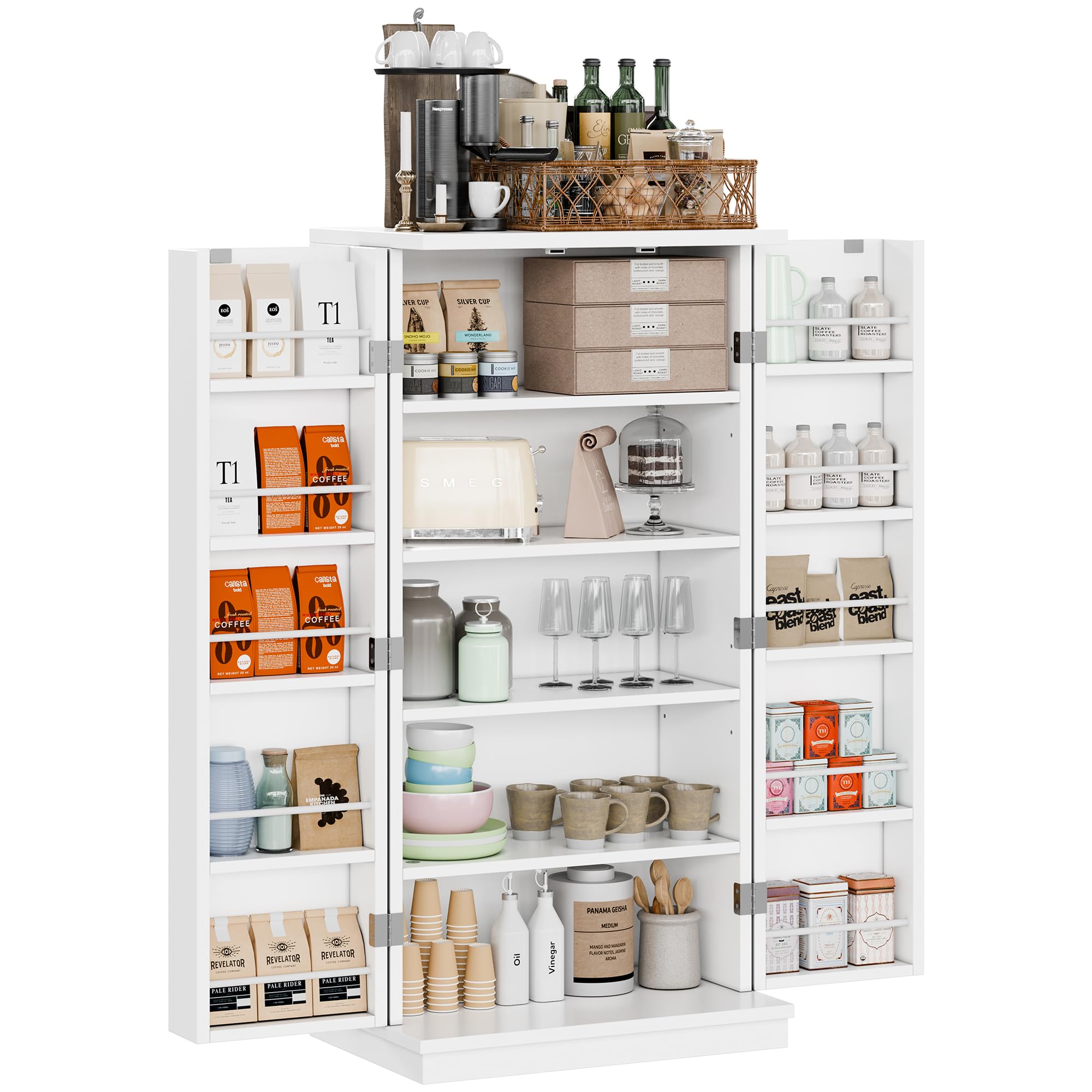 Shintenchi White Pantry Cabinet - Adjustable Shelves & Doors, Freestanding Kitchen Storage Cabinet, Buffet Sideboard for Dining Room or Living Room - Perfect for Organizing Dishes, Cookware & Kitchen Essentials