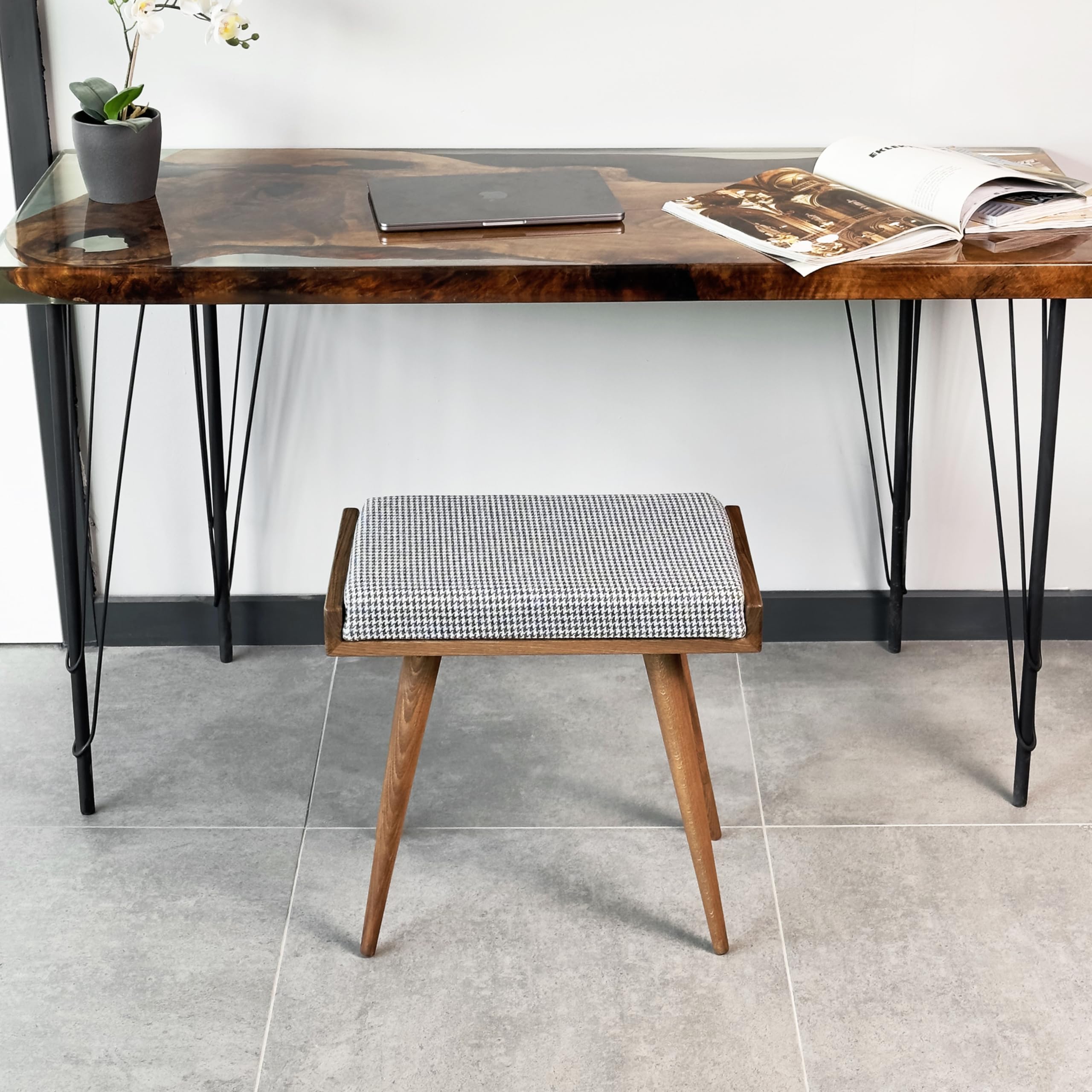 Walnut Ottoman Stool for Living Room - Upholstered Crowbar Pattern Fabric - Multi-Functional Piano Bench, Bedroom Seat & Footrest - Perfect for Home Decor, Relaxation & Extra Seating