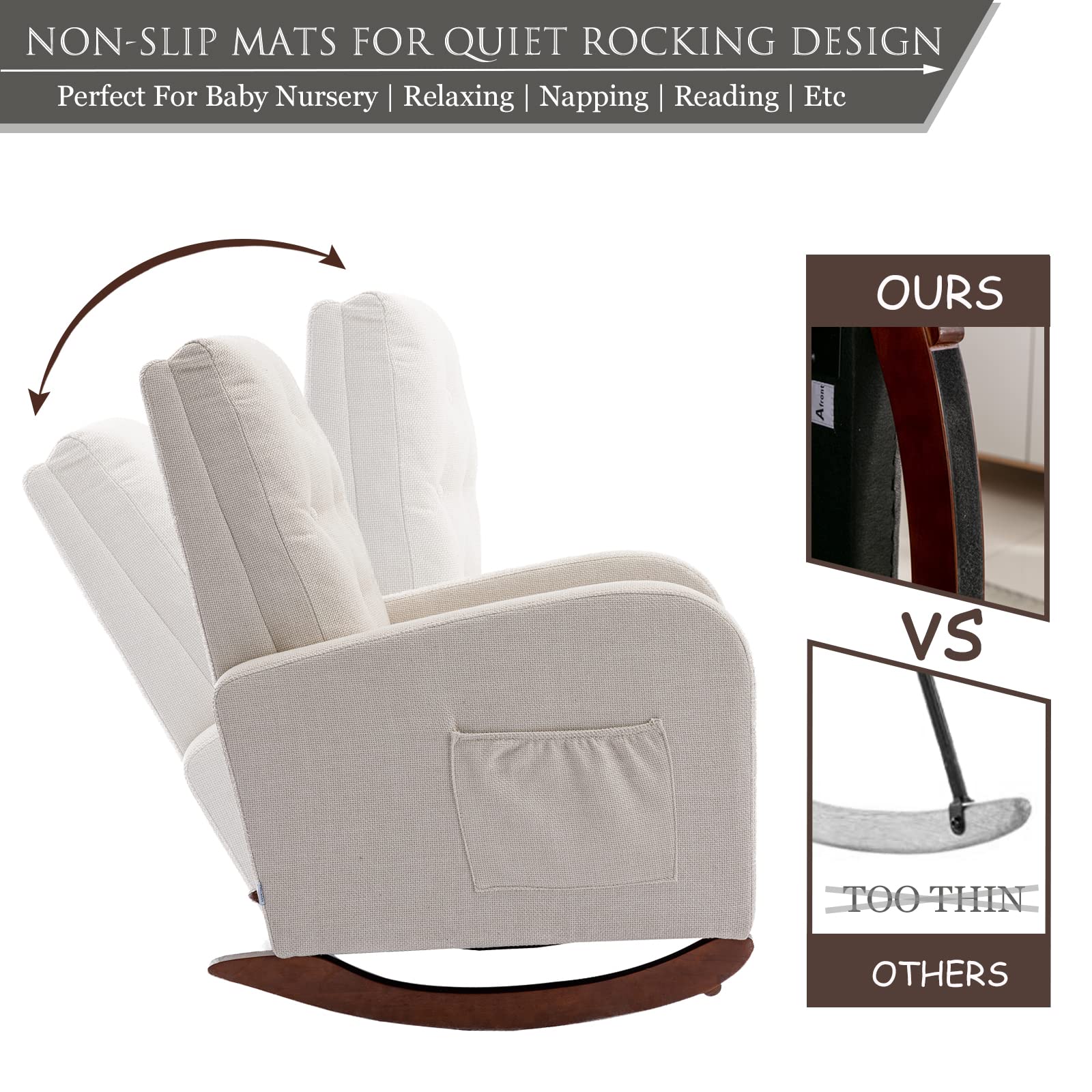 Comfy Padded Rocking Chair with Storage Pocket - High Back Solid Wood Nursery Rocker, Modern Accent Armchair for Living Room & Baby Nursery (Beige with Button Decor) - Perfect for Nursing, Reading & Relaxing