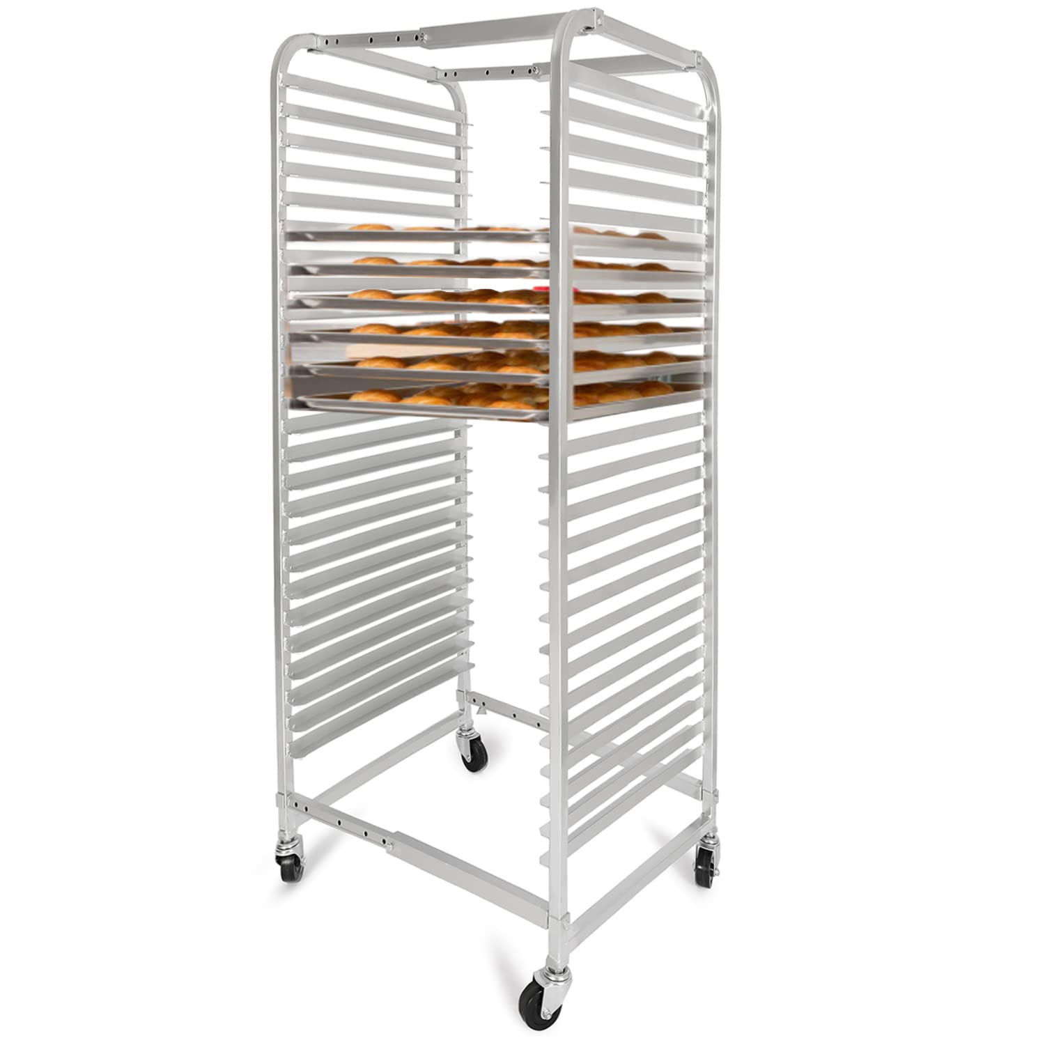 HECASA 25-Tier Adjustable Bun Pan Rack with Brake Wheels - Heavy Duty Aluminum Baking Sheet Organizer for Commercial Kitchen, Bakery, Restaurant, Pizzeria & Home Use - 24.72