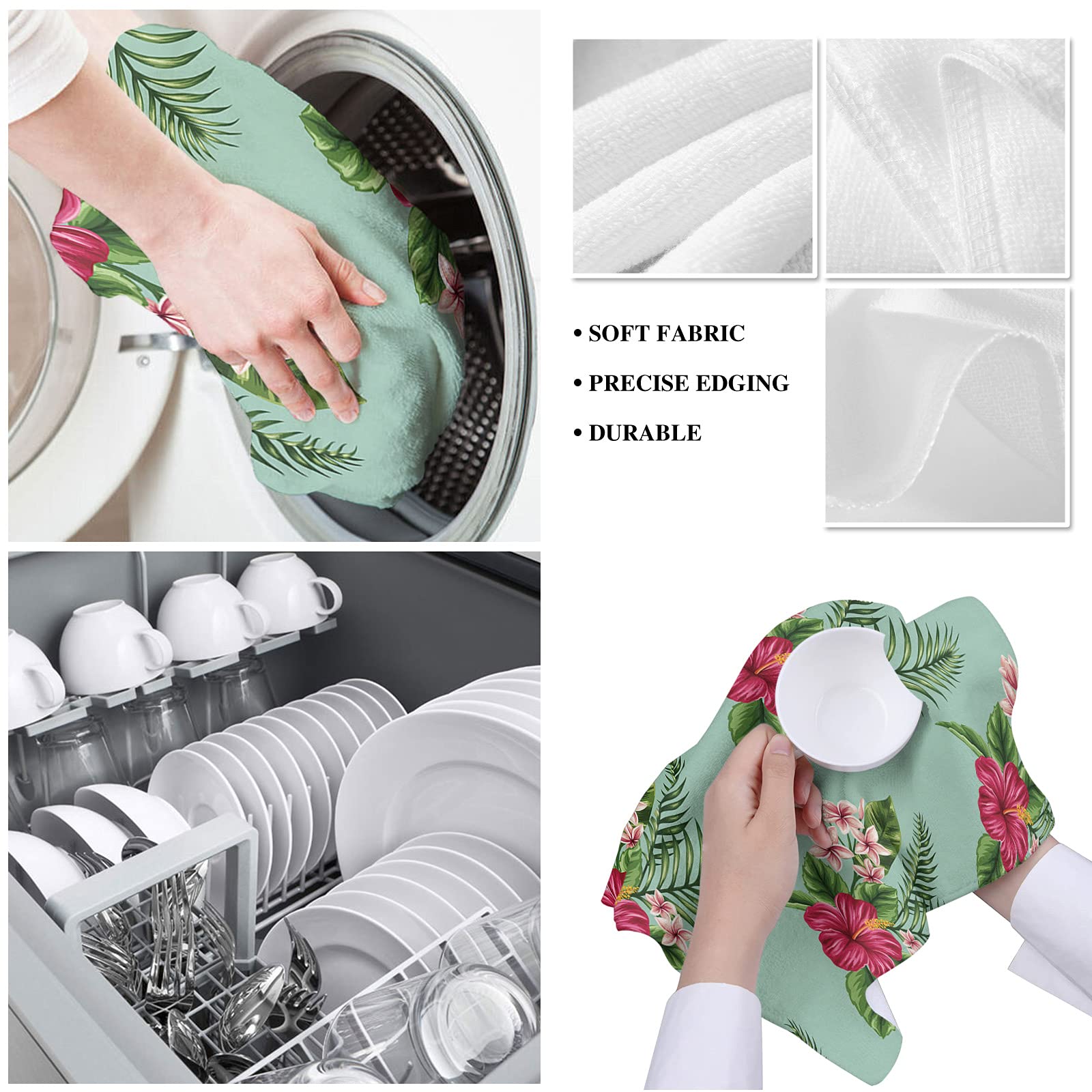 2 Pack Super Absorbent Soft Microfiber Kitchen Dish Towels with Tropical Plant & Hibiscus Flower Design - Perfect for Kitchen, Bathroom, Bar & Tea Time Cleaning