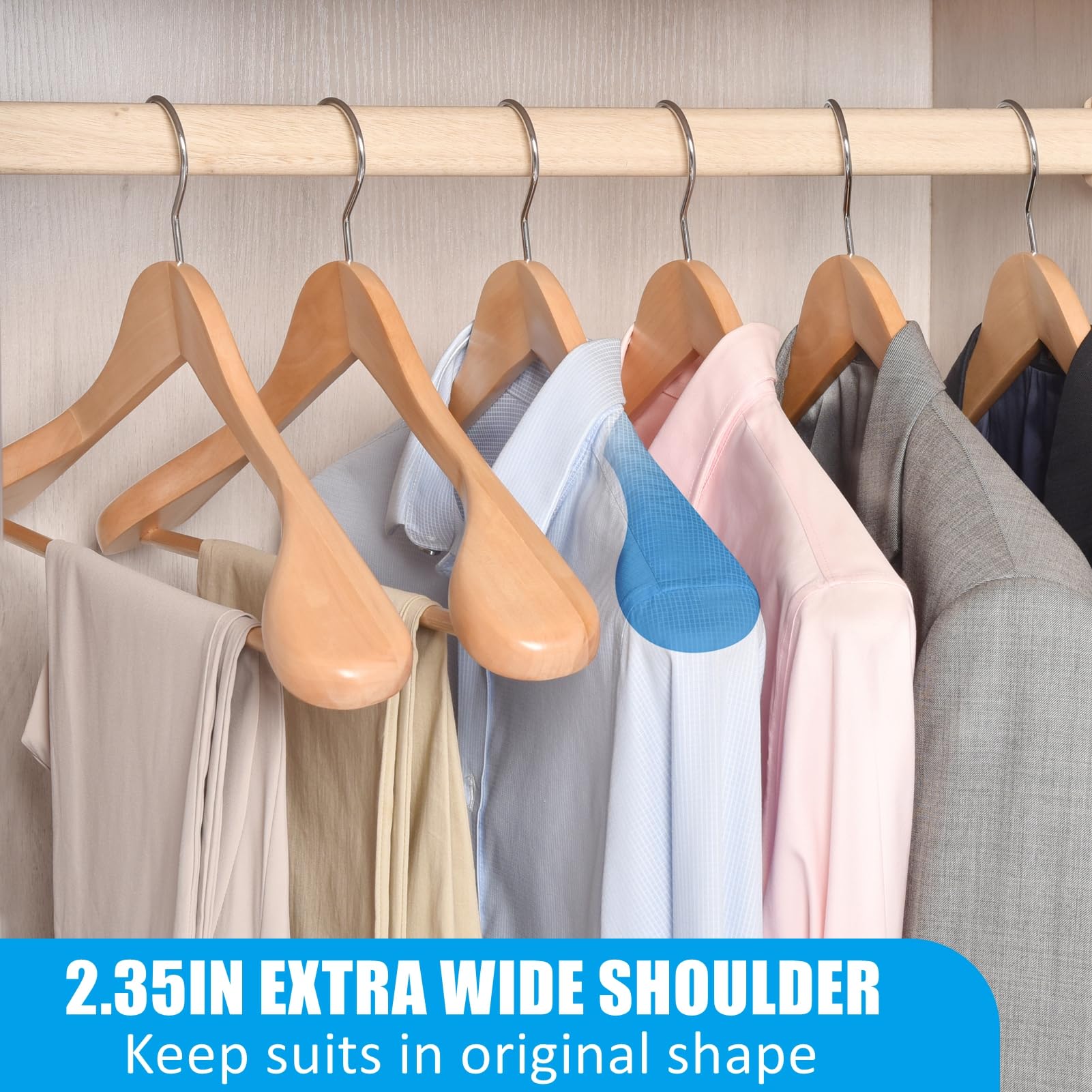 Premium 6-Pack Solid Wood Wide Shoulder Suit Hangers with Non-Slip Pants Bar - Natural Finish for Jackets, Sweaters & Heavy Clothes - Perfect for Closet Organization & Luxury Wardrobe Storage