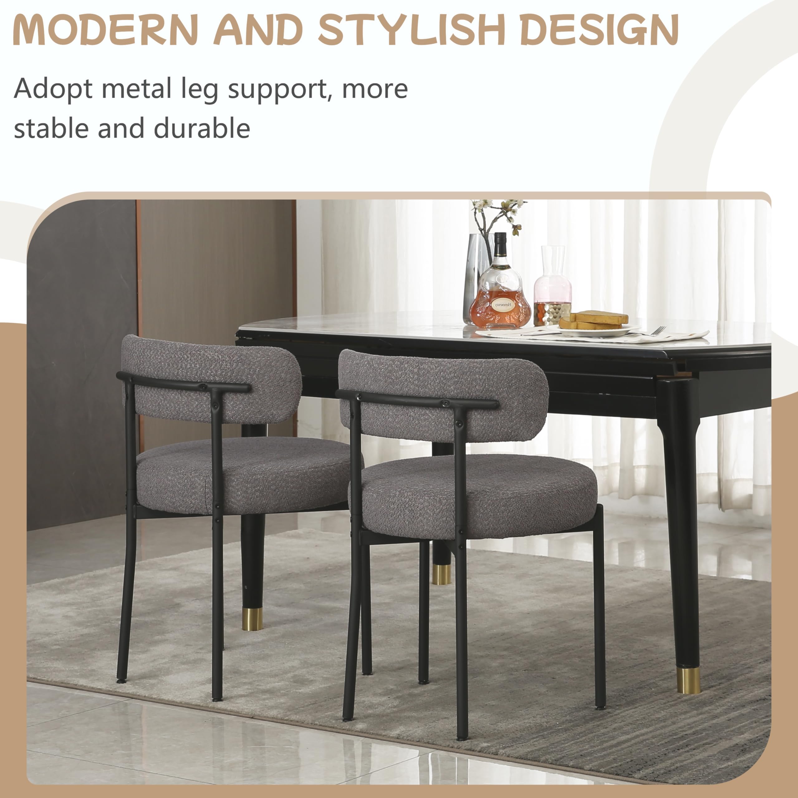 Dark Grey Upholstered Boucle Dining Chairs Set of 4 - Mid-Century Modern Round Kitchen Chairs with Curved Backrest & Black Metal Legs for Dining Room, Restaurant, or Cafe