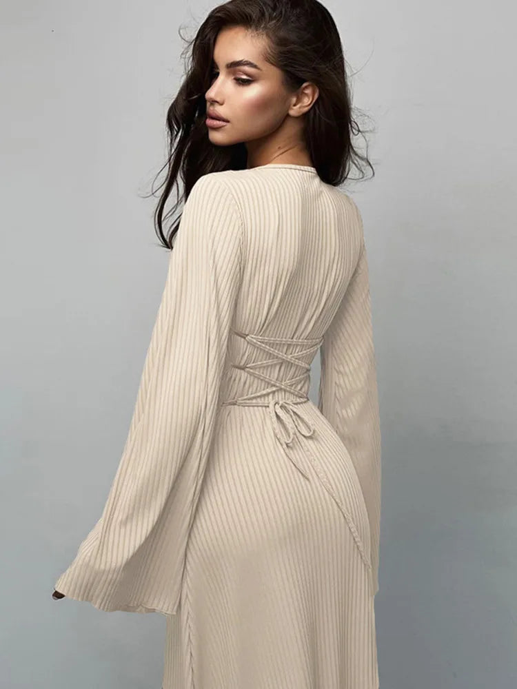 Women's Square Neck Flare Sleeve Lace-Up Waist Bodycon Dress - Autumn Winter Slim Fit Party Club Streetwear for Date Night & Holiday Outfits