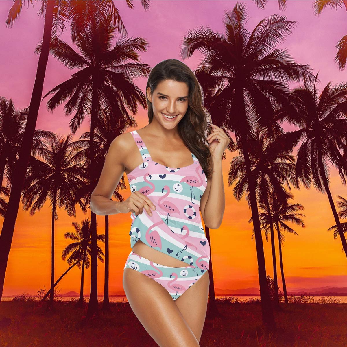 Women's Flamingo Heart Striped Tankini Swimsuits - Stylish Two Piece Bathing Suit for Beach, Pool & Summer Vacations