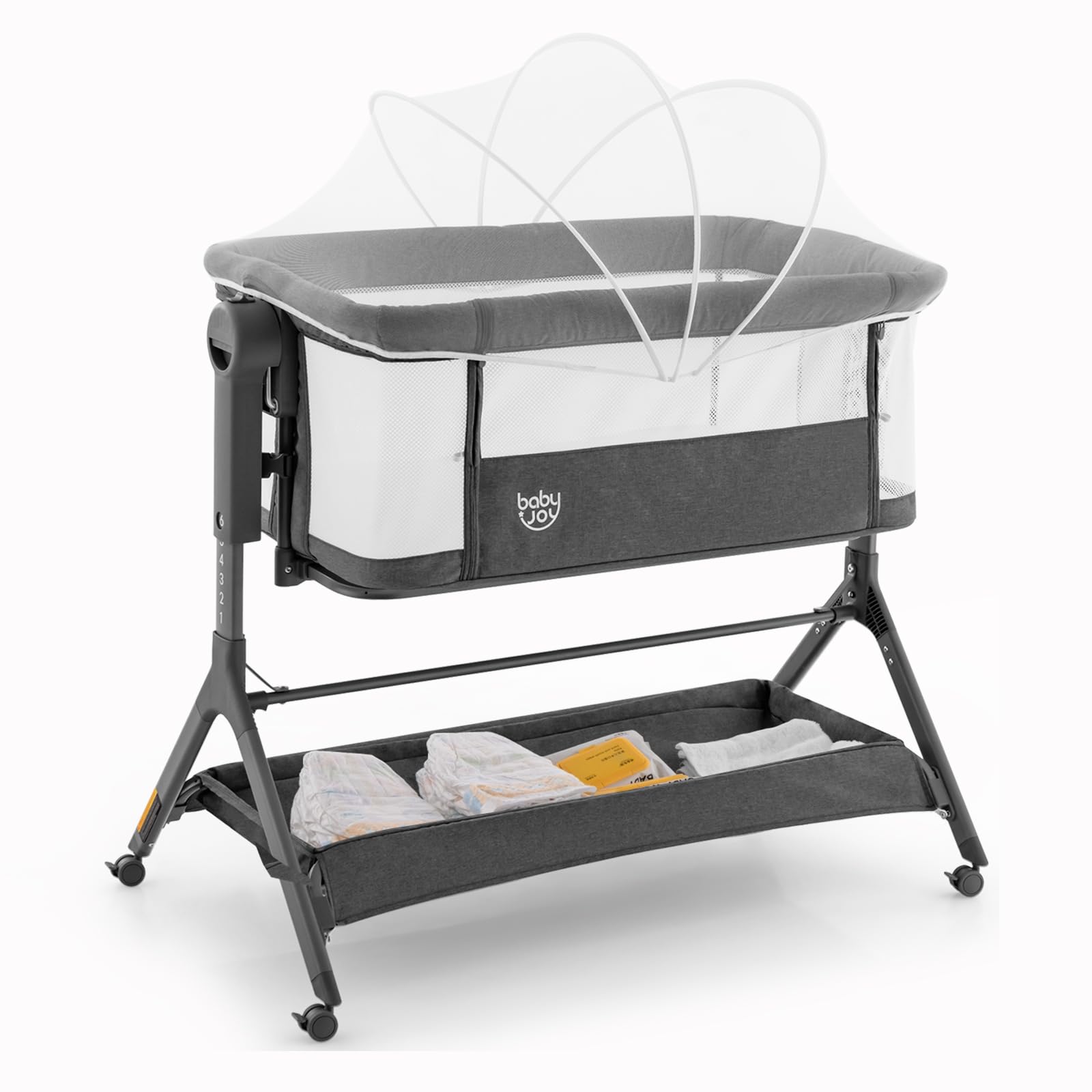 BABY JOY 3-in-1 Rocking Bassinet with Storage Basket - Adjustable Height Baby Bedside Sleeper with Universal Wheels, Mattress, Mesh Net & Portable Carry Bag - Perfect for Nursery, Bedroom & Travel (Gray)