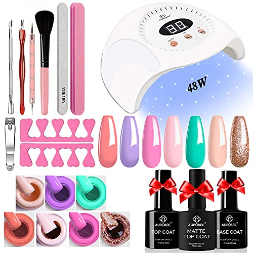 Professional Gel Nail Polish Kit with 48W UV LED Lamp - 6 Nude Colors & Glitter Polish, Base & Top Coat Included - Perfect for Beginners & Home Manicures (Weddings, Parties, Self-Care Days)