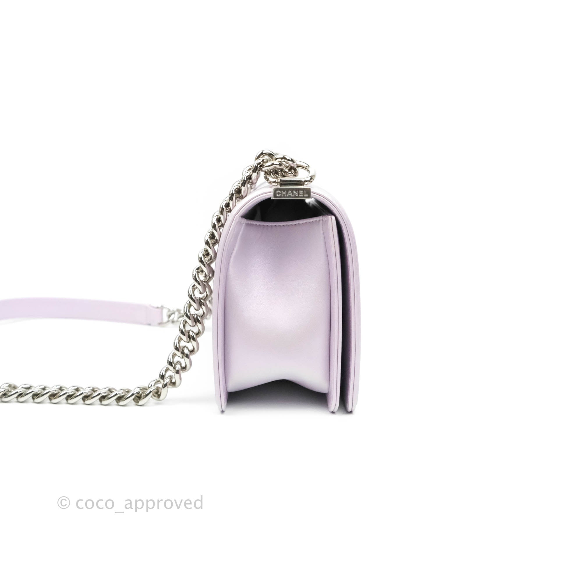 Chanel Boy Chevron Medium Iridescent Lilac Calfskin Bag with Silver Hardware - Luxury Crossbody Purse for Women, Perfect for Evening Events & Date Nights