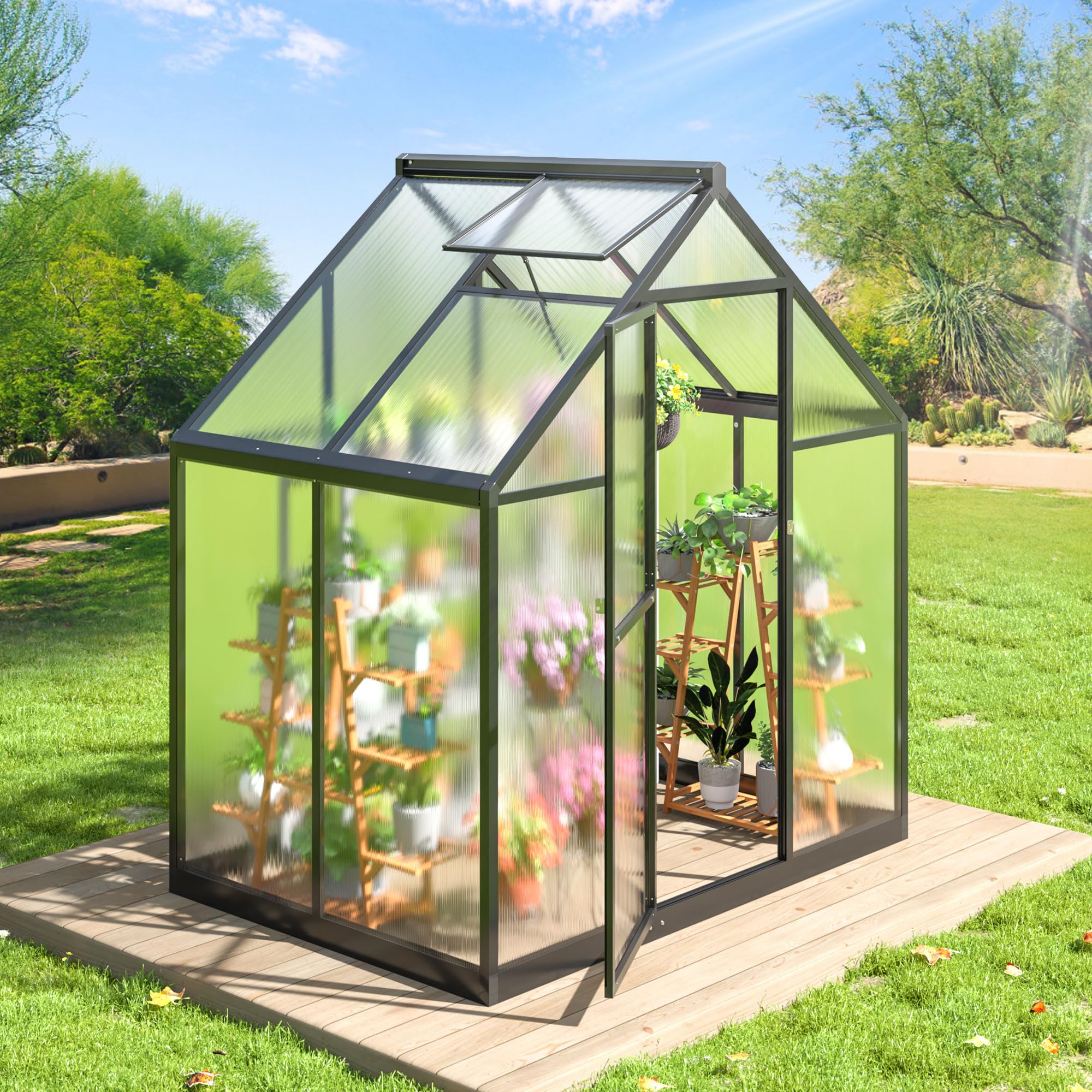 4x6 FT Polar Aurora Greenhouse - Quick Assembly Aluminum Frame with Polycarbonate Panels, Walk-in Outdoor Greenhouse for Backyard Garden with Ventilated Windows | Perfect for Growing Vegetables, Herbs & Flowers Year-Round