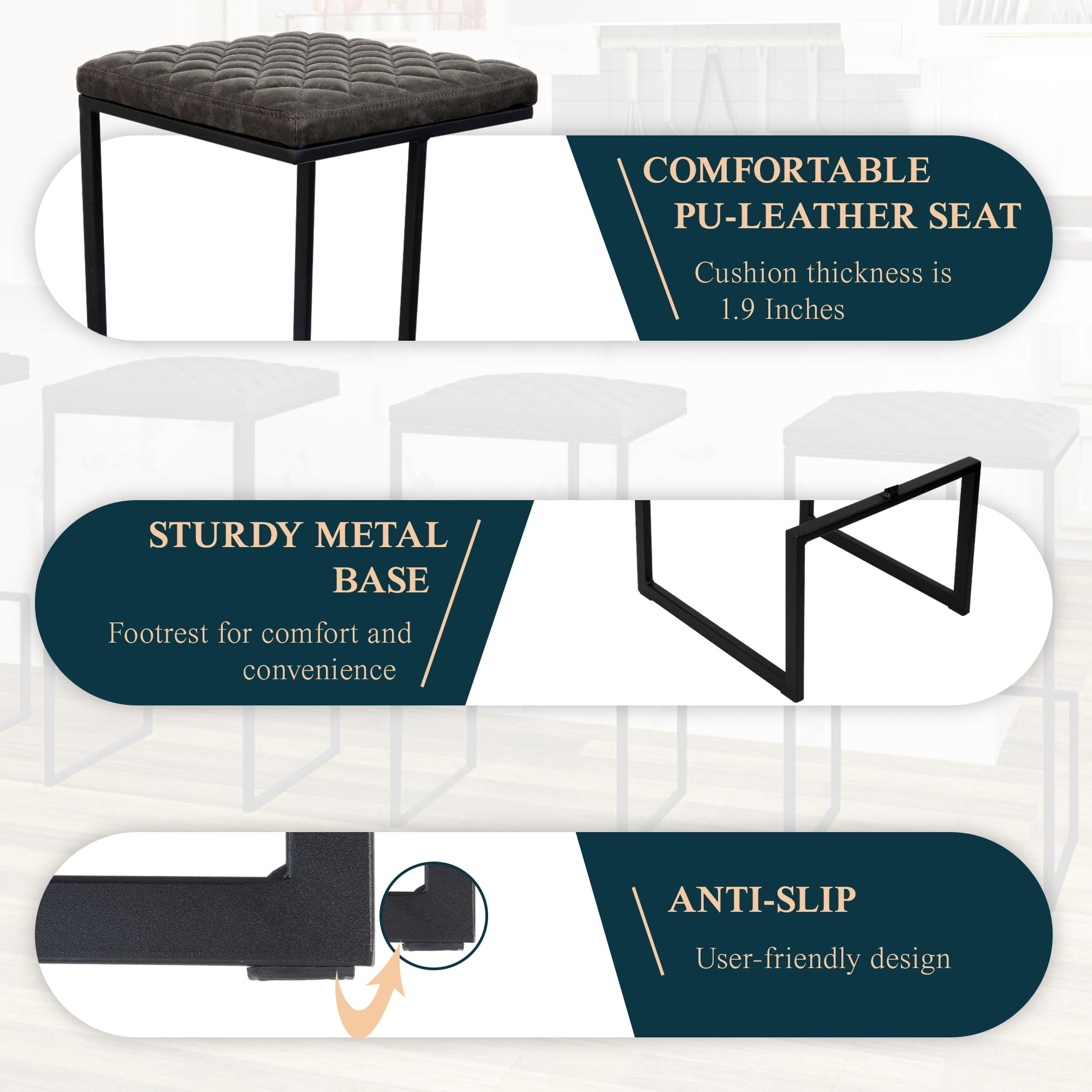Quincy Quilted Leather Bar Stools Set of 2 - Grey Stitched Counter Height Stools with Metal Frame for Kitchen Island, Breakfast Nook & Home Bar | Durable & Comfortable Seating