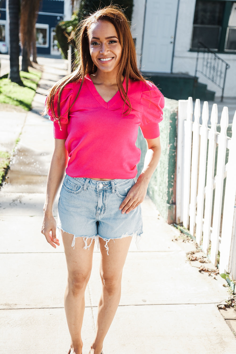 Be Bold Solid Fuchsia Shirred Puff Sleeve Sweater Top | Women's Fashion Knitwear | Perfect for Date Night & Fall Layering