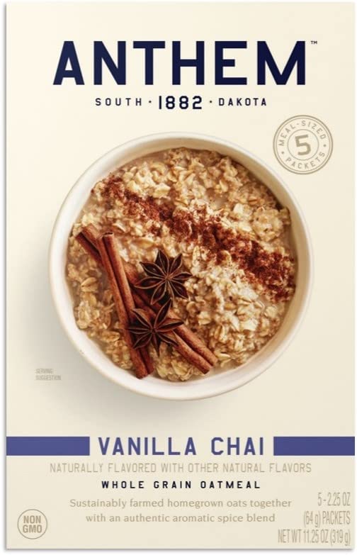 Anthem Vanilla Chai Instant Oatmeal - Whole Grain Oats, Natural Vanilla & Chai Spices - Quick & Easy Breakfast - Perfect for Busy Mornings, Office Snacks & Healthy On-the-Go Meals - 11.25 Oz Pack