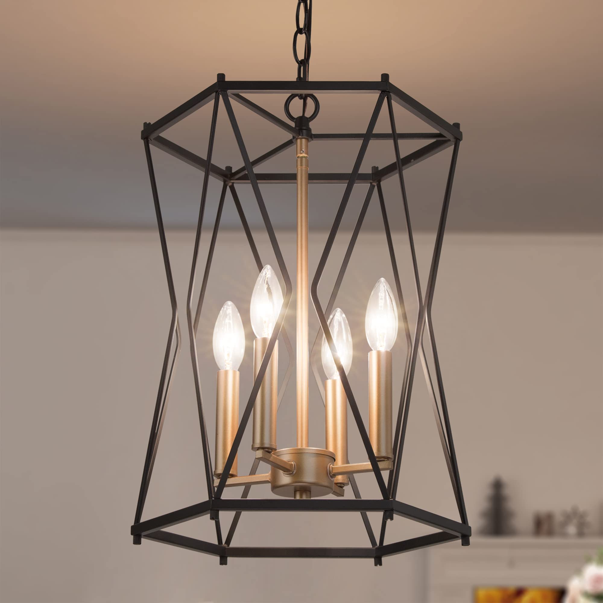 Durent Lighting Black and Gold Chandelier - Modern 4-Light Cage Chandelier Fixture for Dining Room, Bedroom, Living Room, Kitchen Island & Foyer | Elegant Lighting for Home Decor, Wedding & Restaurant Ambiance