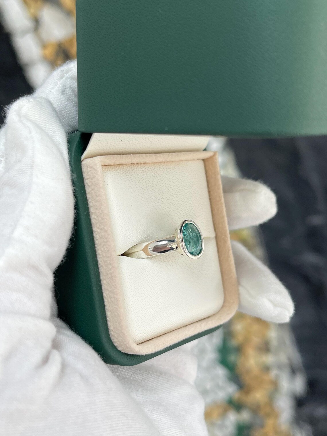 1.30ct Natural Oval Emerald Bezel Set Solitaire Ring - Bluish Green Oval Cut Gemstone for Engagement, Wedding & Special Occasions