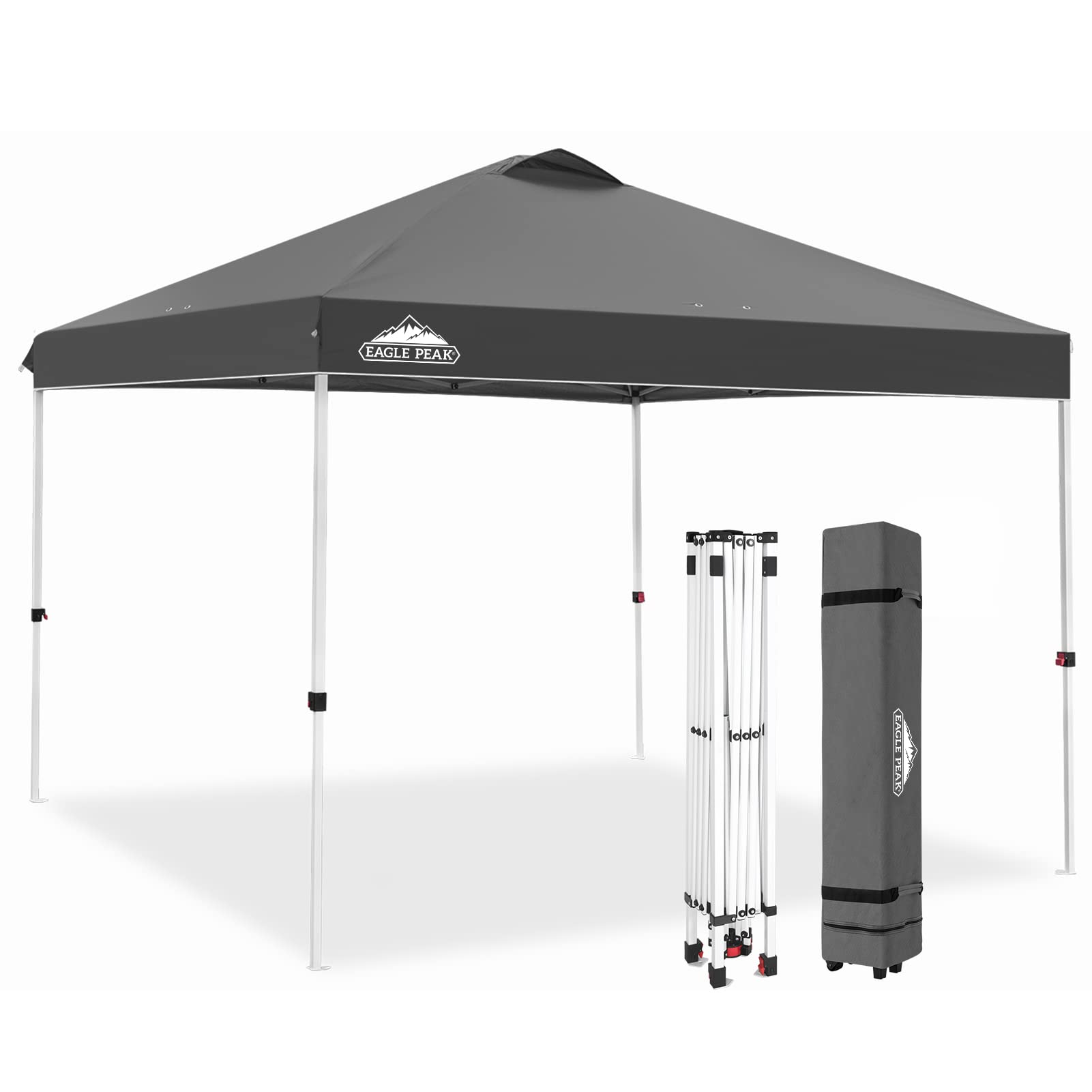 EAGLE PEAK 10x10 ft Pop Up Canopy Tent with Wheeled Carry Bag - Includes 8 Stakes, 4 Ropes & 4 Weight Bags - Easy Setup Portable Shade Shelter (100 sq ft Coverage, Gray) - Perfect for Outdoor Events, Camping, Beach Trips & Backyard Parties