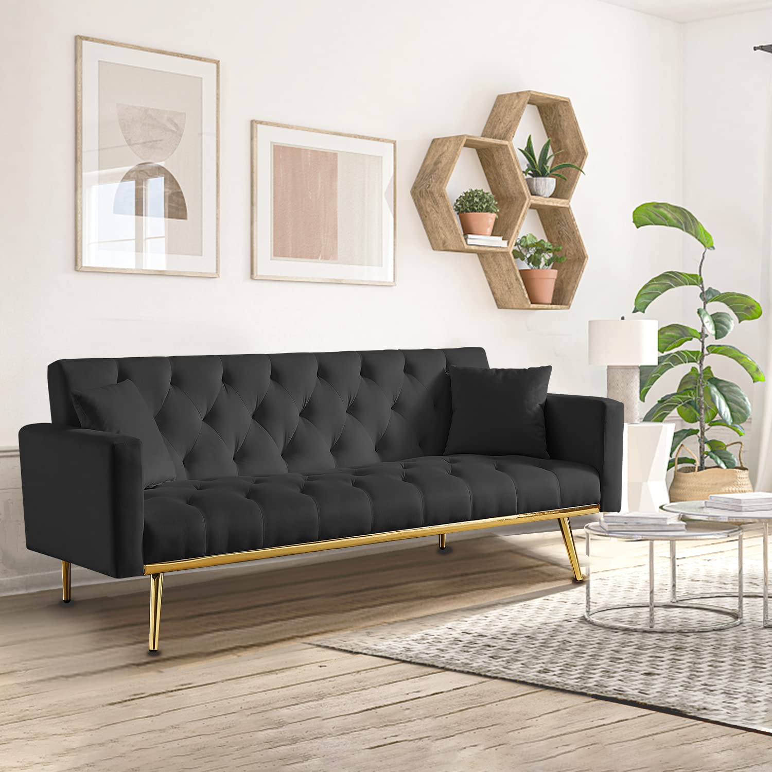 Modern Tufted Convertible Sleeper Sofa Bed with Adjustable 3-Angle Backrest & Rose Gold Metal Legs - Accent Loveseat for Living Room, Bedroom, Guest Room & Small Space