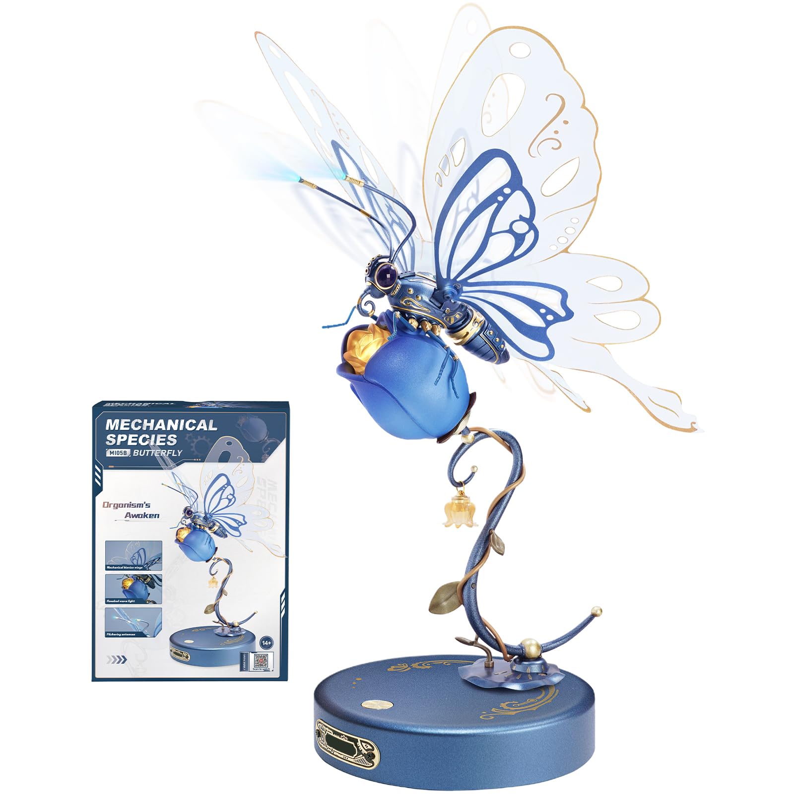 ROBOTIME 3D Metal Mechanical Puzzle Kit - DIY Butterfly Model with LED Lights for Adults & Teens | Unique Home Decor, Birthday Gift | Easy Assembly STEM Building Toy (Blue) - Perfect for Office Desk Display, Night Light, and STEM Education Projects
