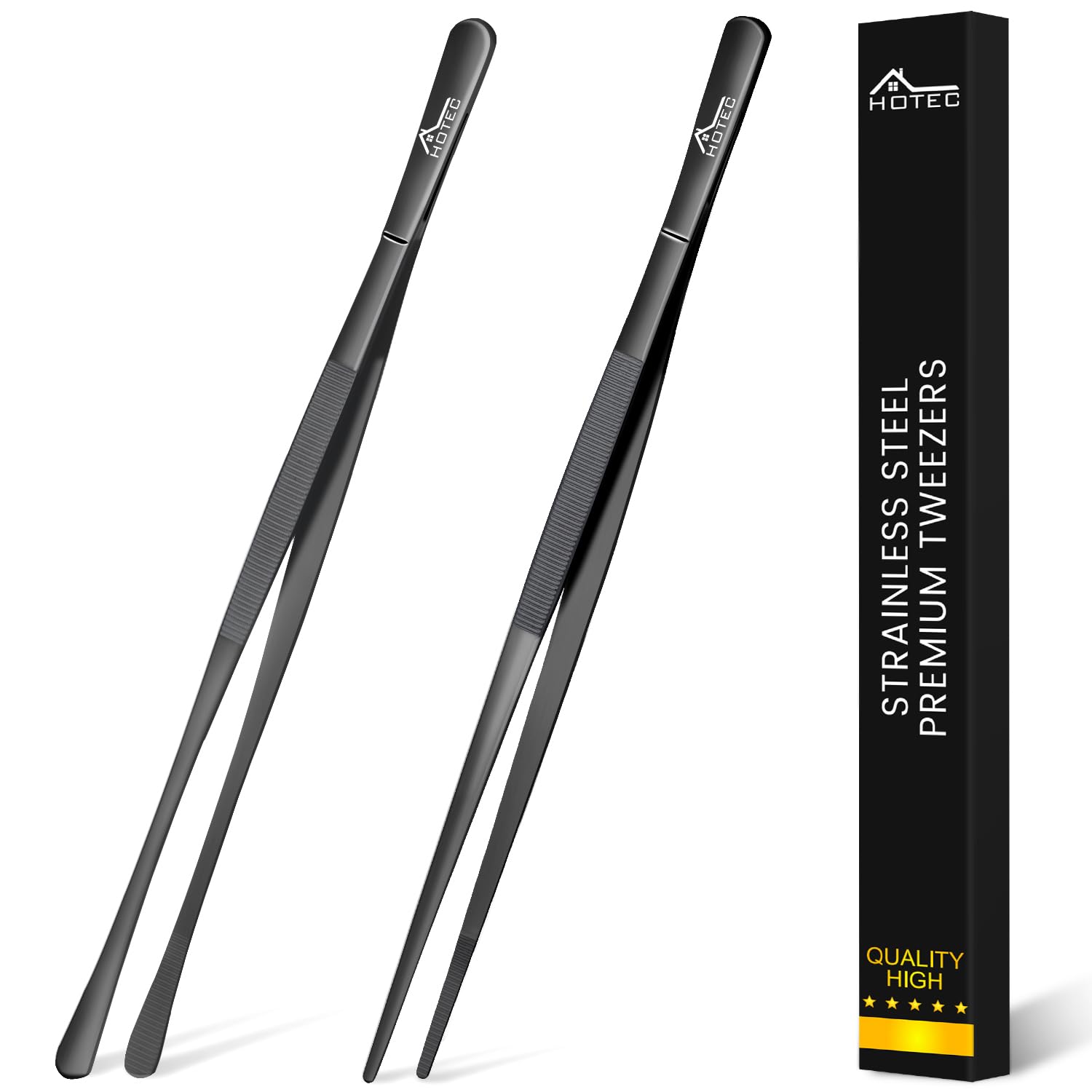 Hotec 12-Inch Extra-Long Stainless Steel Kitchen Tweezers - Set of 2 Black Cooking Tongs for Precision Grilling, Plating, and Serving - Perfect for Chefs, BBQ, and Fine Dining Presentation