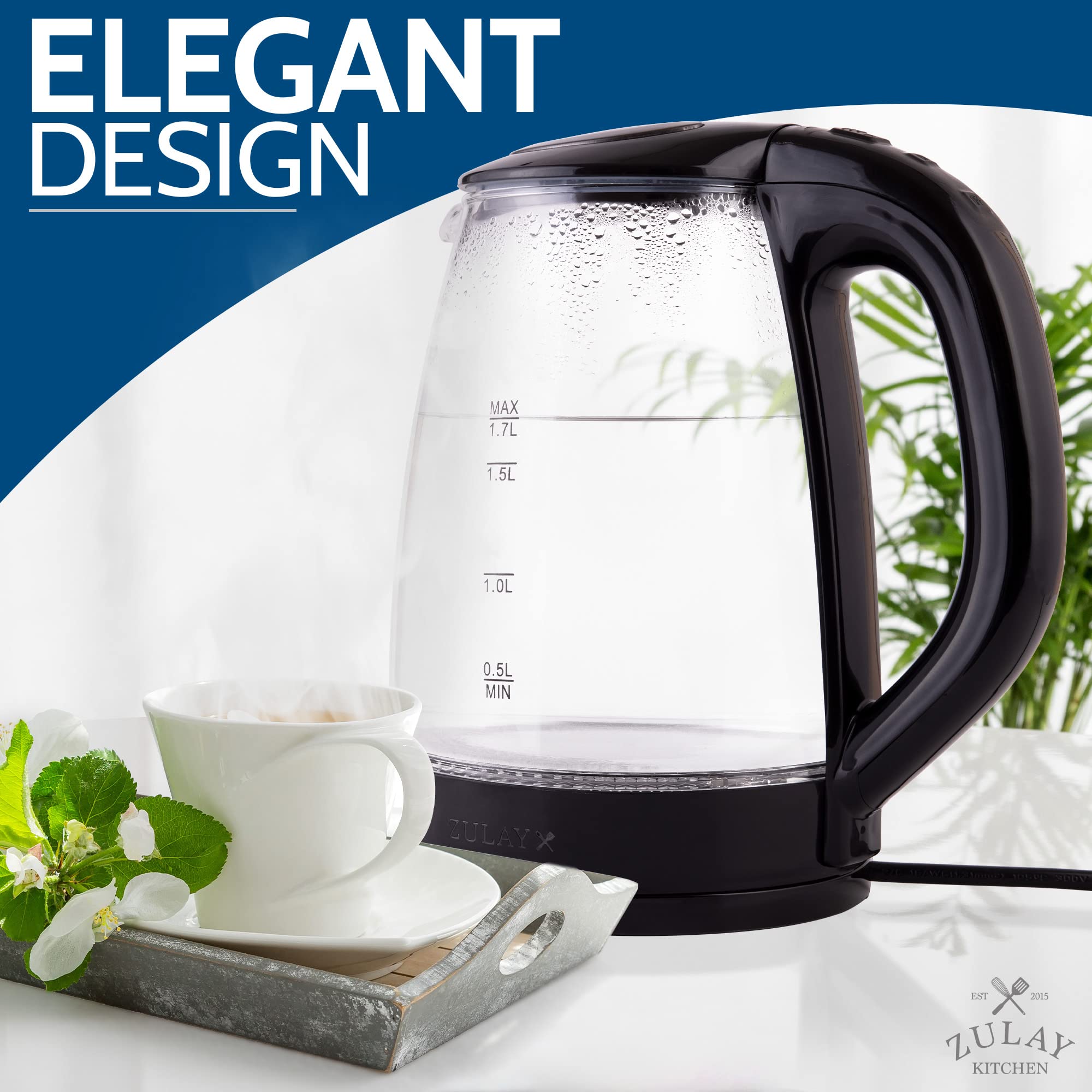 Zulay 1.7L Borosilicate Glass Electric Kettle with Blue LED Light - Fast Boiling, Auto Shut-Off & Boil-Dry Protection - Perfect for Tea, Coffee & Instant Meals in Home, Office or Dorm