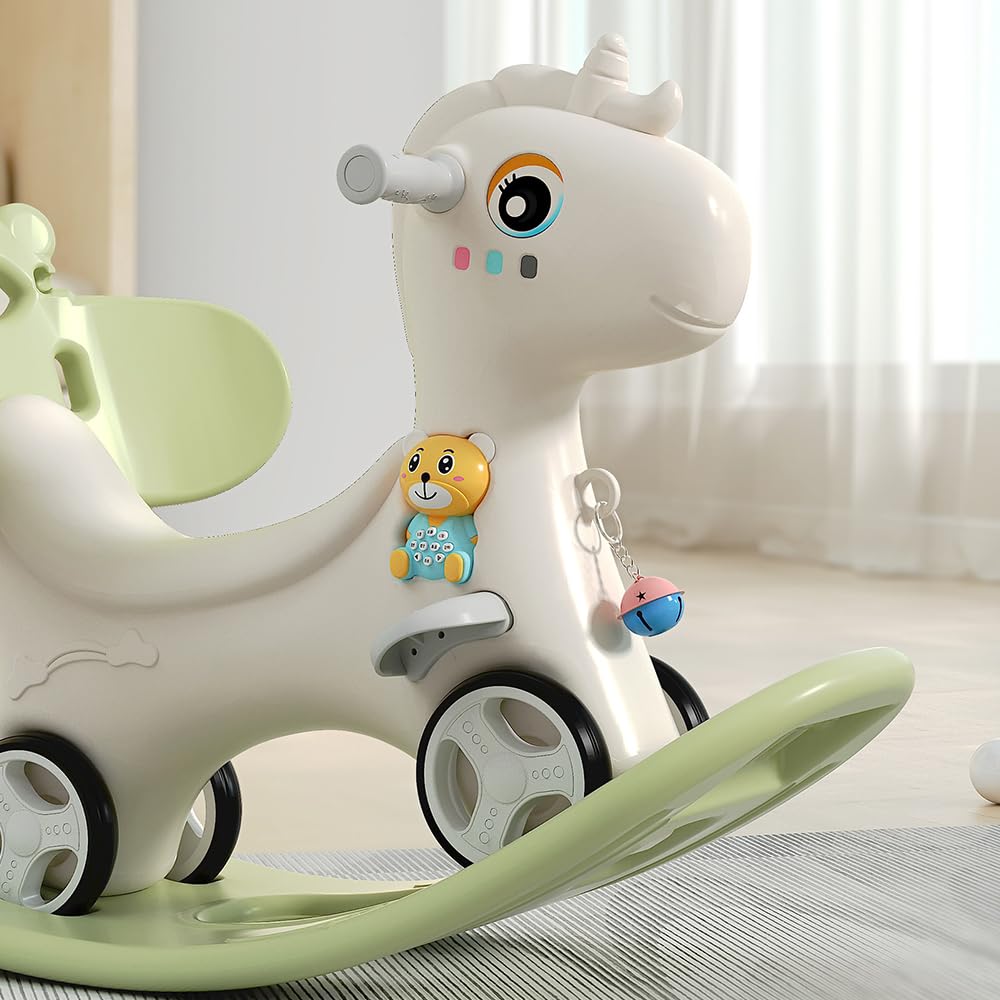 Wooden Rocking Horse for Toddlers - Balance Bike Ride-On Toy with Push Handle & Backrest - Safe & Stable Balance Board - Perfect Birthday Gift for Kids (Green) - Indoor & Outdoor Play, Nursery Decor, Early Childhood Development