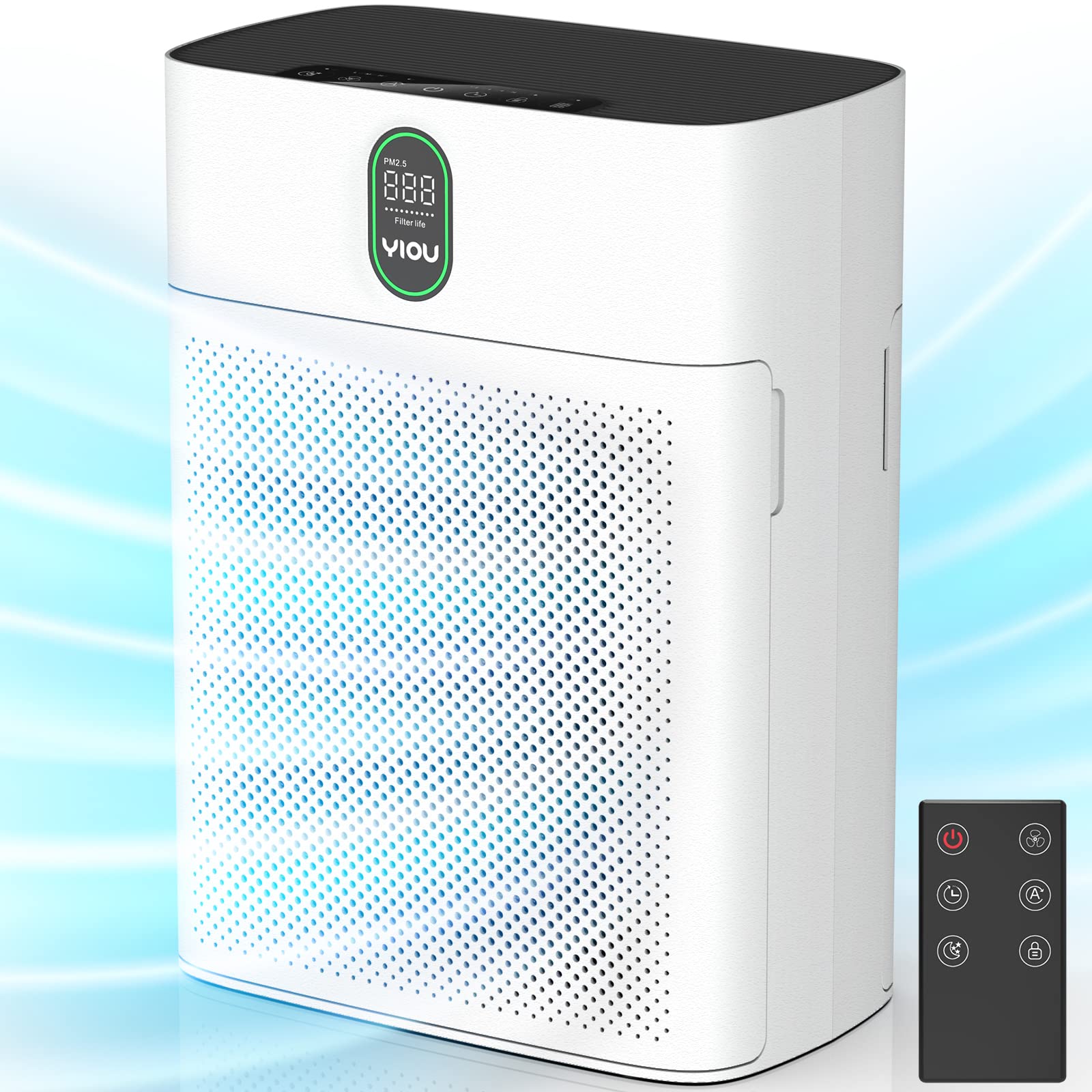 YIOU H13 True HEPA Air Purifier for Large Rooms up to 960 Sq Ft - Removes 99.97% of Dust, Pet Dander, Smoke - Quiet 24dB Bedroom Air Cleaner with Dual Air Inlet & Air Quality Sensor - Perfect for Allergy Relief, Smoke Removal and Fresh Indoor Air