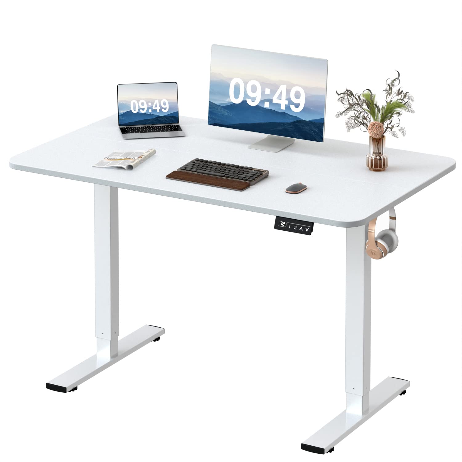 Furmax 48 x 24 Inches Electric Height Adjustable Standing Desk - Memory Preset Sit Stand Desk with T-Shaped Metal Bracket, White - Perfect for Home Office, Gaming & Workspace Ergonomics