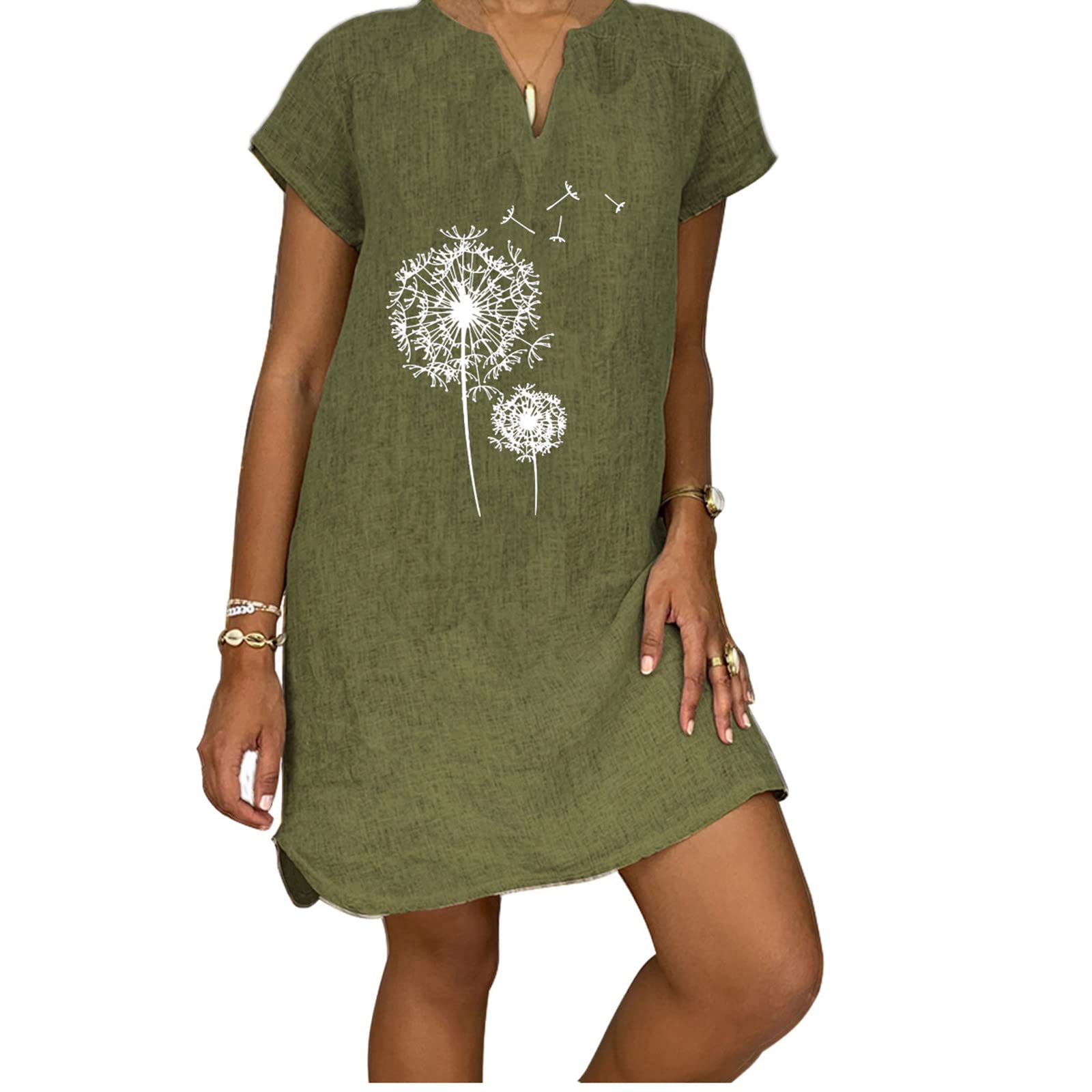 Women's Cotton Linen Casual Dress - Loose Baggy Shift Dandelion Print Midi Dress with V-Neck & Short Sleeves | Perfect for Beach Vacations, Summer Outings & Boho Style Fashion
