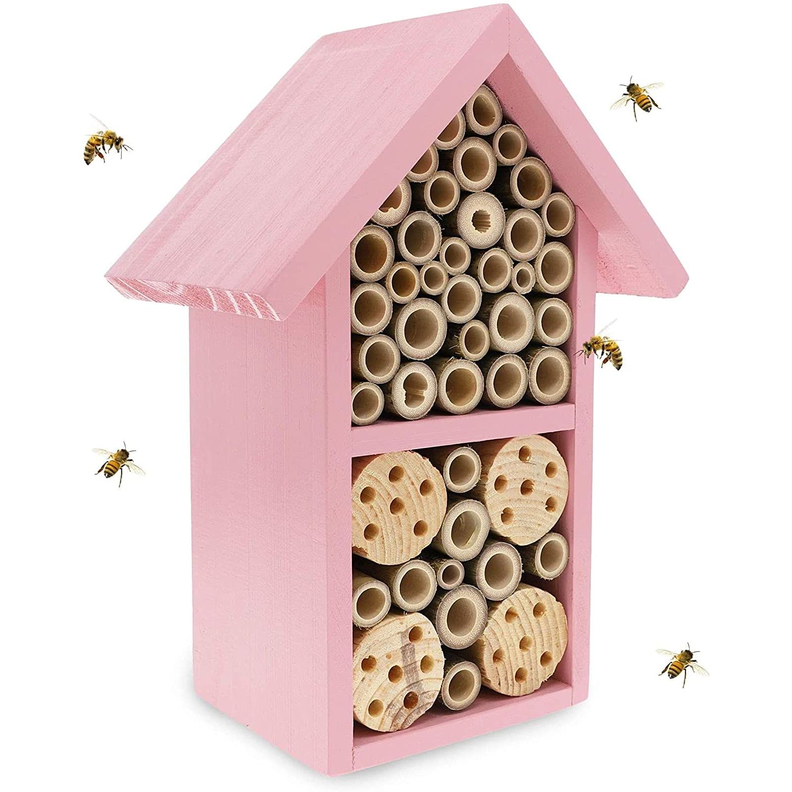 Bright Creations Pink Mason Bee House for Garden - Natural Wood Beehive Habitat (7.4
