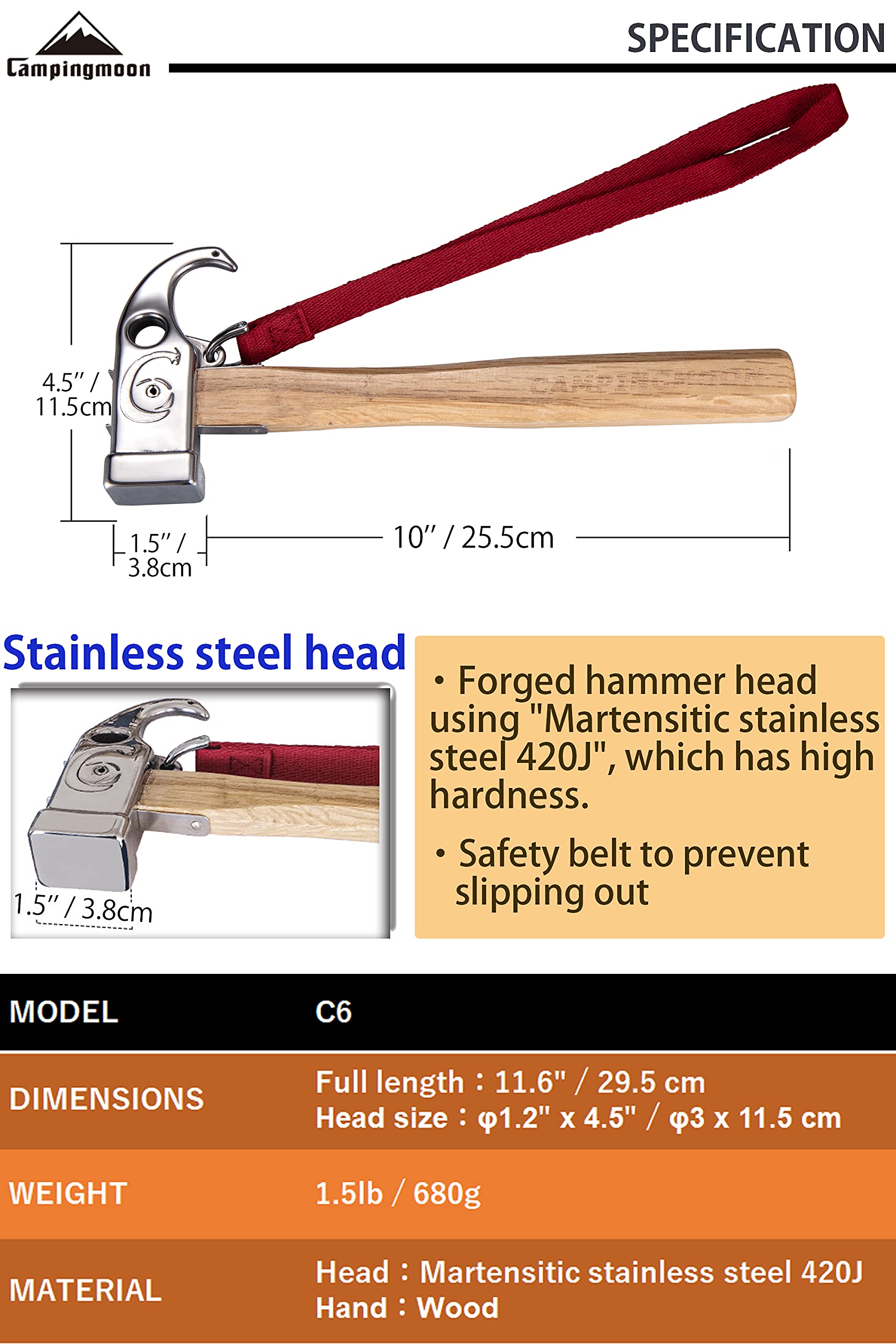 CAMPINGMOON Camping Hammer - Stainless Steel Head & Wood Handle Tent Stake Hammer with Tarp Stake Remover - Perfect for Outdoor Camping, Hiking & Backpacking Adventures