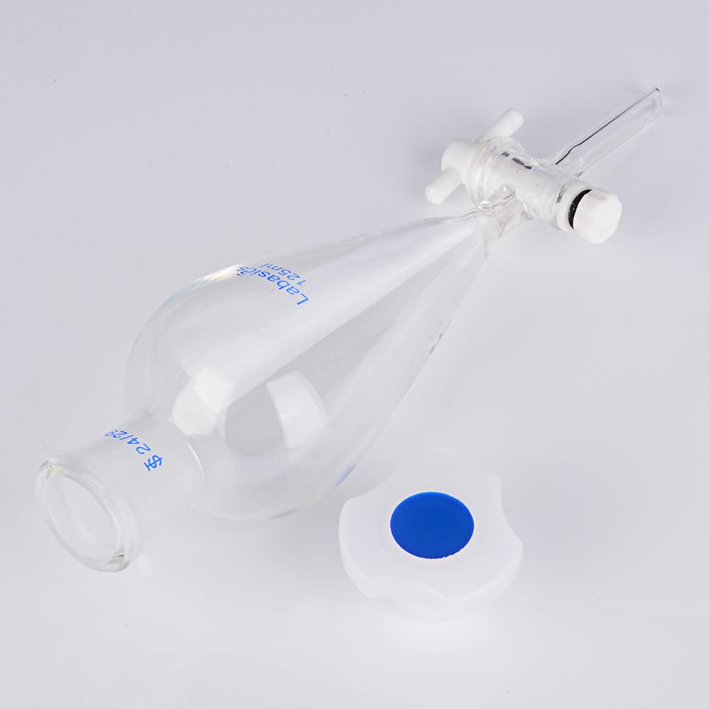 Labasics 125ml Heavy Wall Borosilicate Glass Conical Separatory Funnel with 24/29 Joints & PTFE Stopcock - Ideal for Chemical Labs, Liquid Extraction, and Solvent Separation