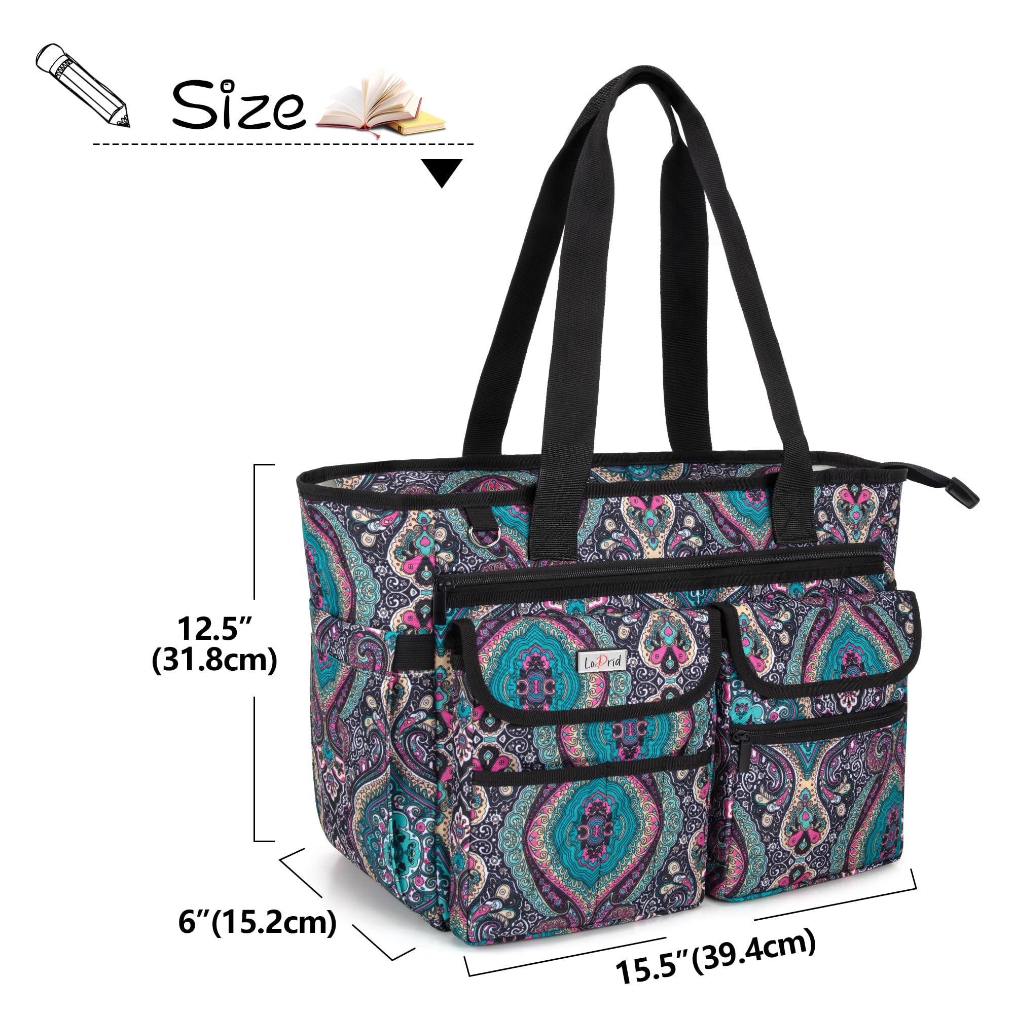 LoDrid Teacher Tote Bag with Bottom Pad & Separate Laptop Compartment (Fits 15.6 Inch) - Stylish Women's Work Bag for Teachers, Professionals & Commuters - Perfect for School, Office & Travel