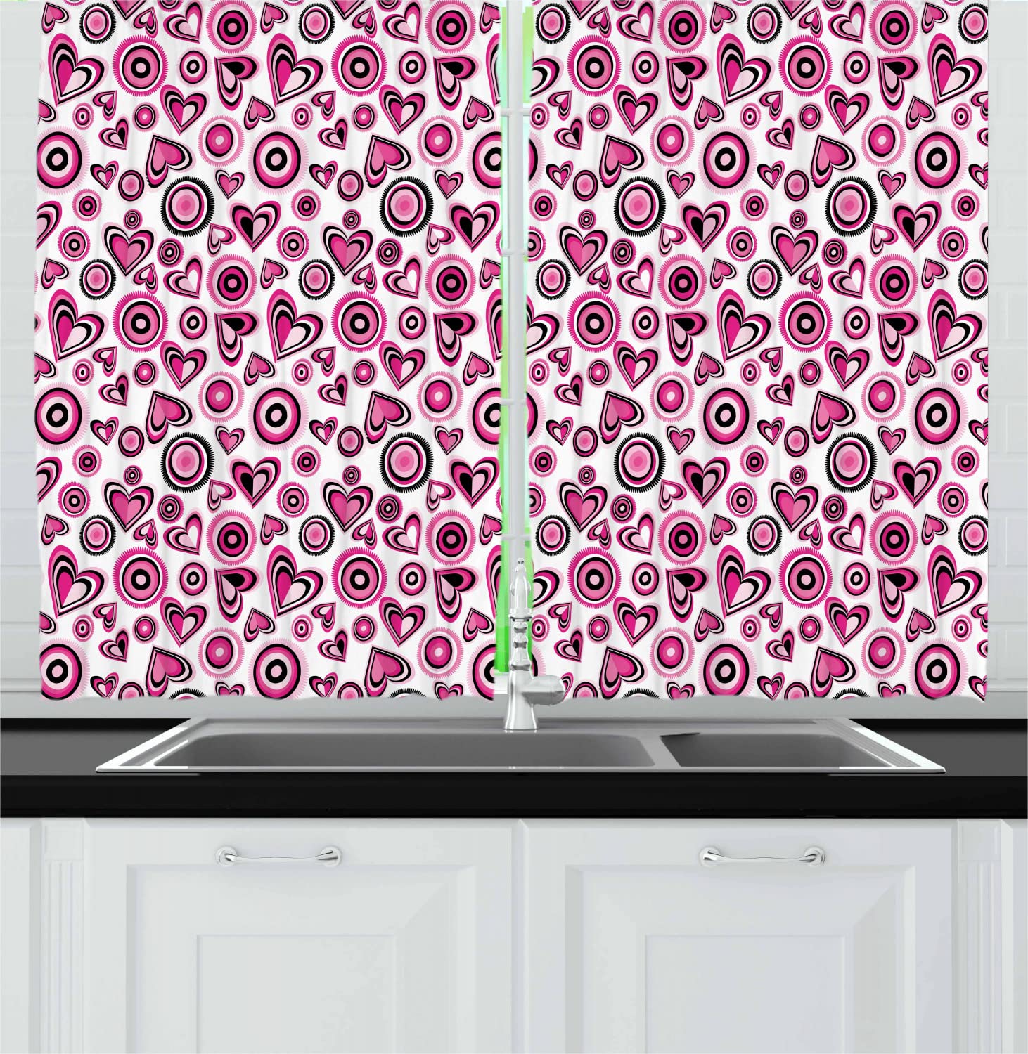 Ambesonne Romantic Love Long Kitchen Curtains - Pink Hearts & Circles Doodle Floral Design, 2 Panel Rod Pocket Drapes, 55