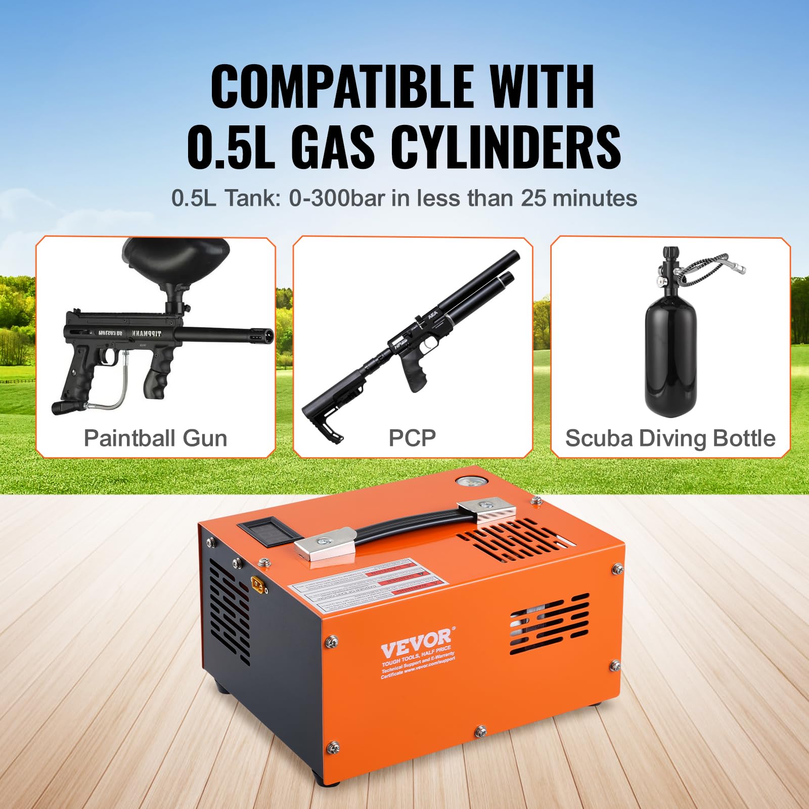 VEVOR 4500PSI Portable PCP Air Compressor for Airguns, Paintball & Scuba Tanks - Oil-Free, Water-Free, 12V/115V Dual Power with Manual Stop - Perfect for Hunting, Sports & Diving Adventures