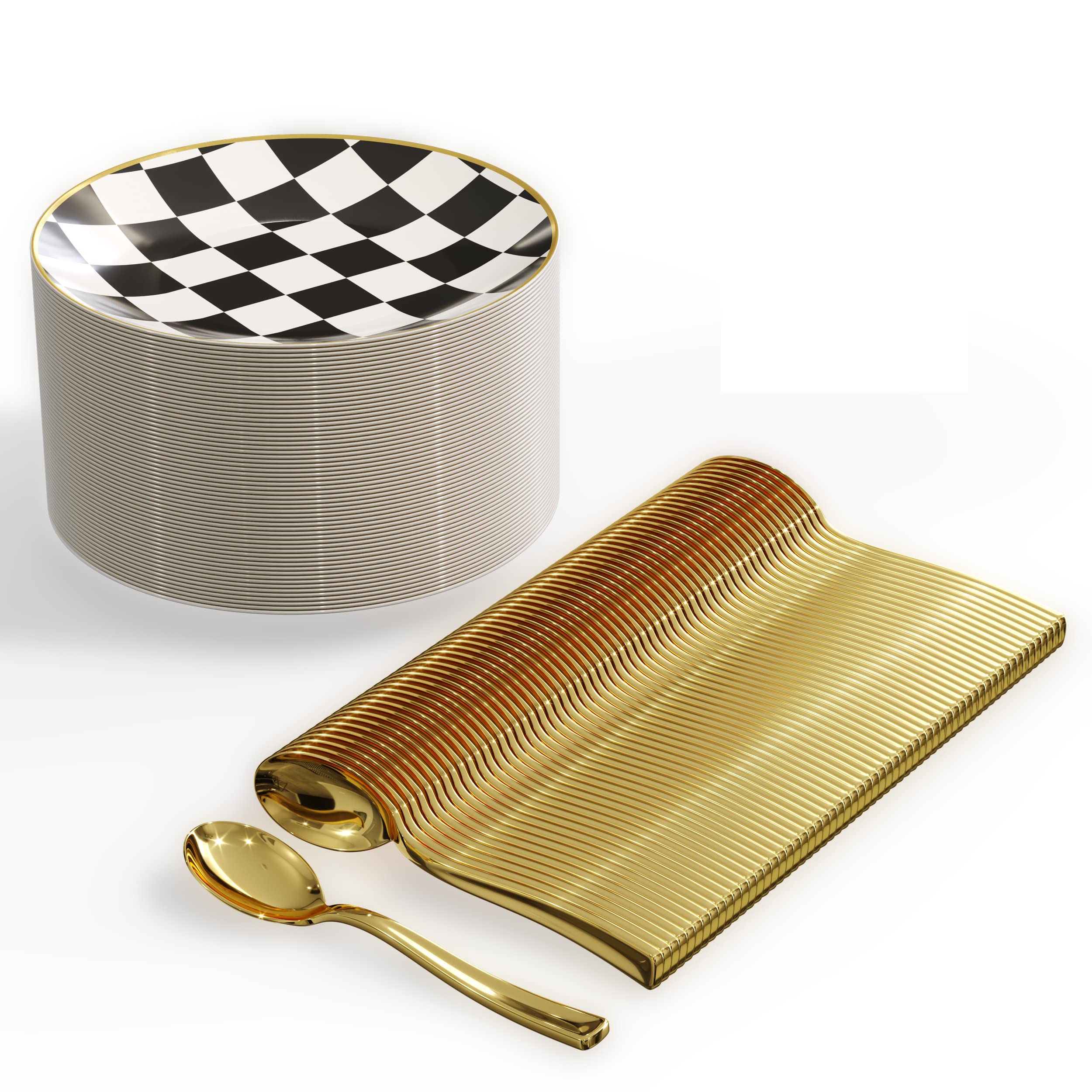 Trendables 120-Pack Mini Disposable Checkered Dessert Plates with Gold Rim & Matching Plastic Spoons - Elegant Party Serving Set for 60 Guests, Perfect for Weddings, Birthdays & Special Occasions