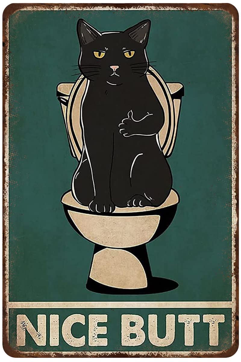 Vintage Black Cat Bathroom Poster - Rustic Metal Tin Sign for Wall Decor (8x12 Inch) - Funny Cat Art for Bathroom & Home