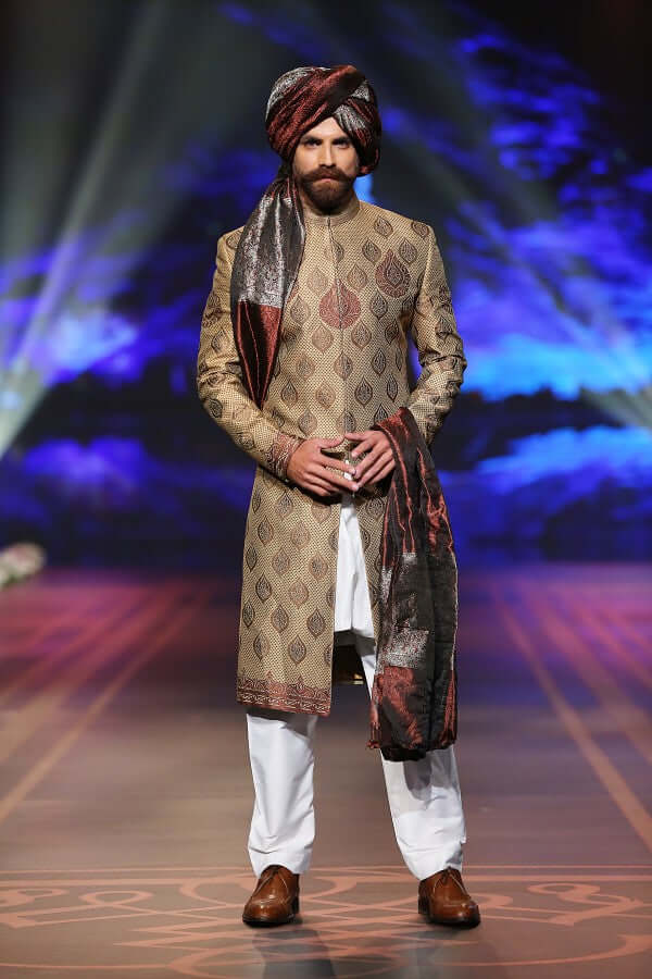 Handwoven Gold & Copper Sherwani for Men - Elegant Maroon & Brown Accents - Premium Wedding & Festive Attire - Perfect for Indian Weddings, Cultural Events & Special Occasions