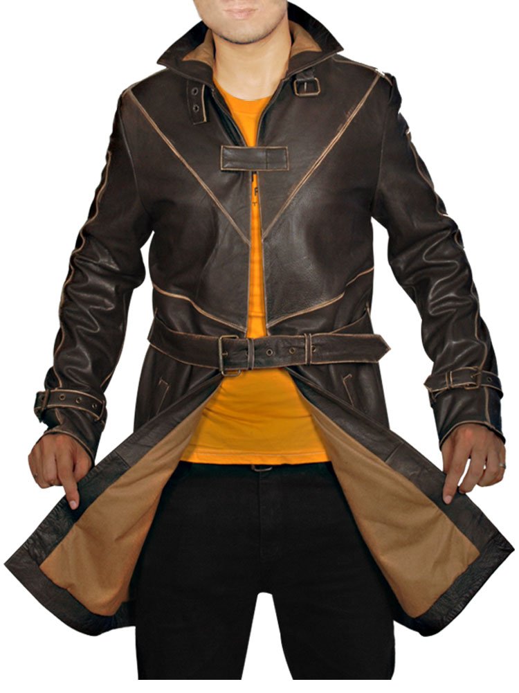 Men's Aiden Pearce Watch Dogs Cosplay Jacket - Brown Leather Trench Coat for Gaming Fans & Halloween Costume