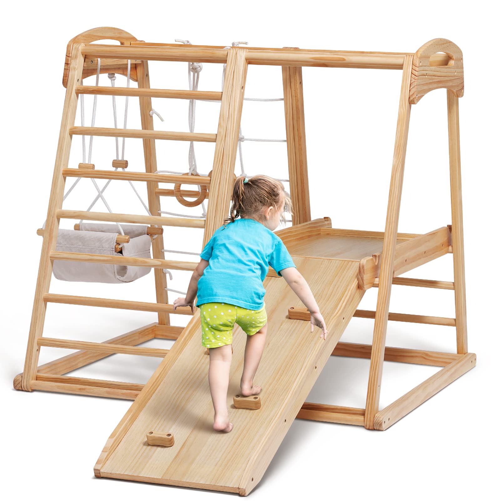 ECOMEX 8-in-1 Wooden Montessori Climber Playset for Toddlers - Indoor Jungle Gym with Slide, Swing & Climbing Net - Safe Indoor Playground Equipment for Kids - Perfect for Home Playrooms, Daycares & Preschools