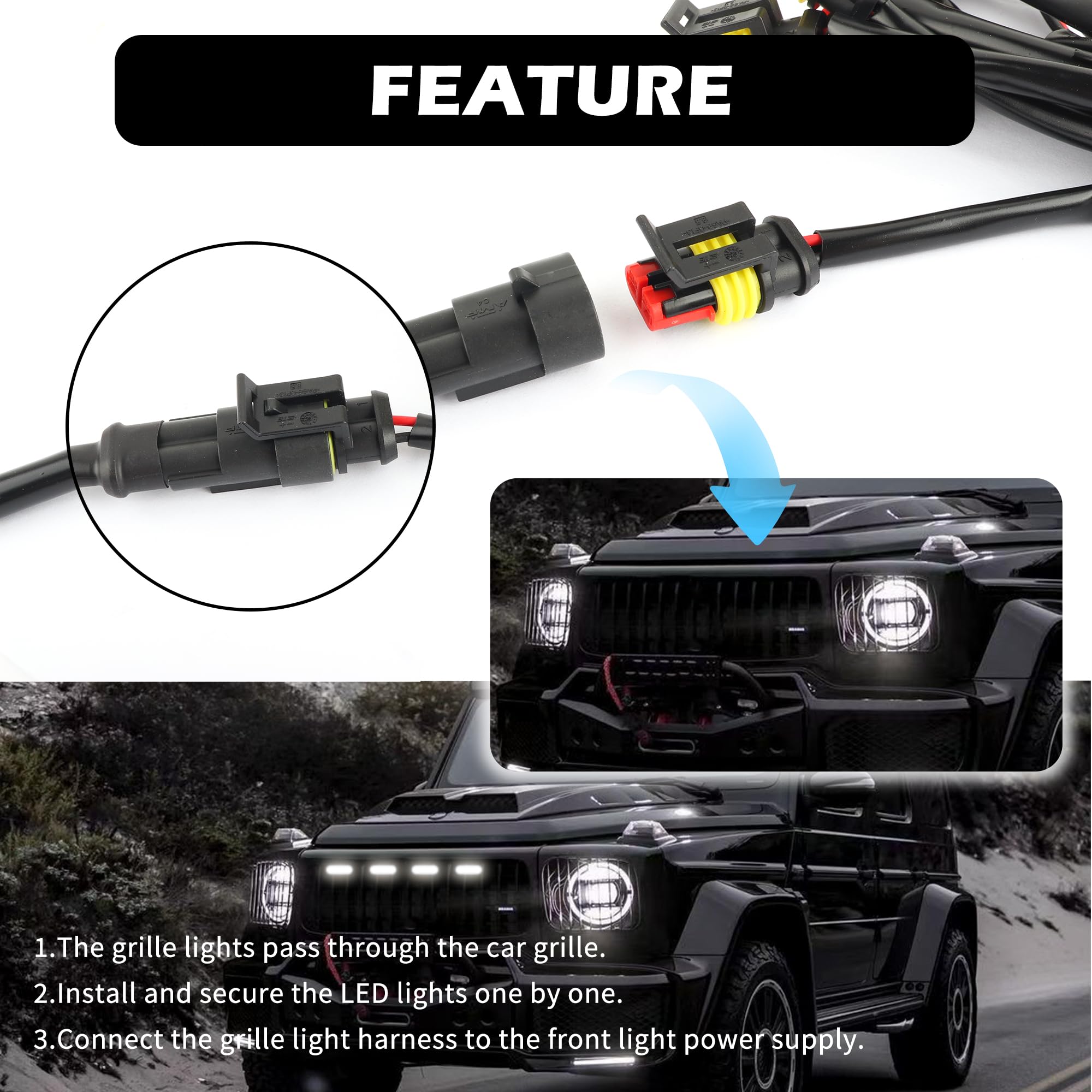 4-in-1 Soft Amber LED Grill Lights for Trucks with Wiring Harness Kit - Flush Mount Front Grill Lights with Lenses Compatible with Ford F150 F250 F350 (White) - Perfect for Off-Roading, Night Driving & Truck Customization