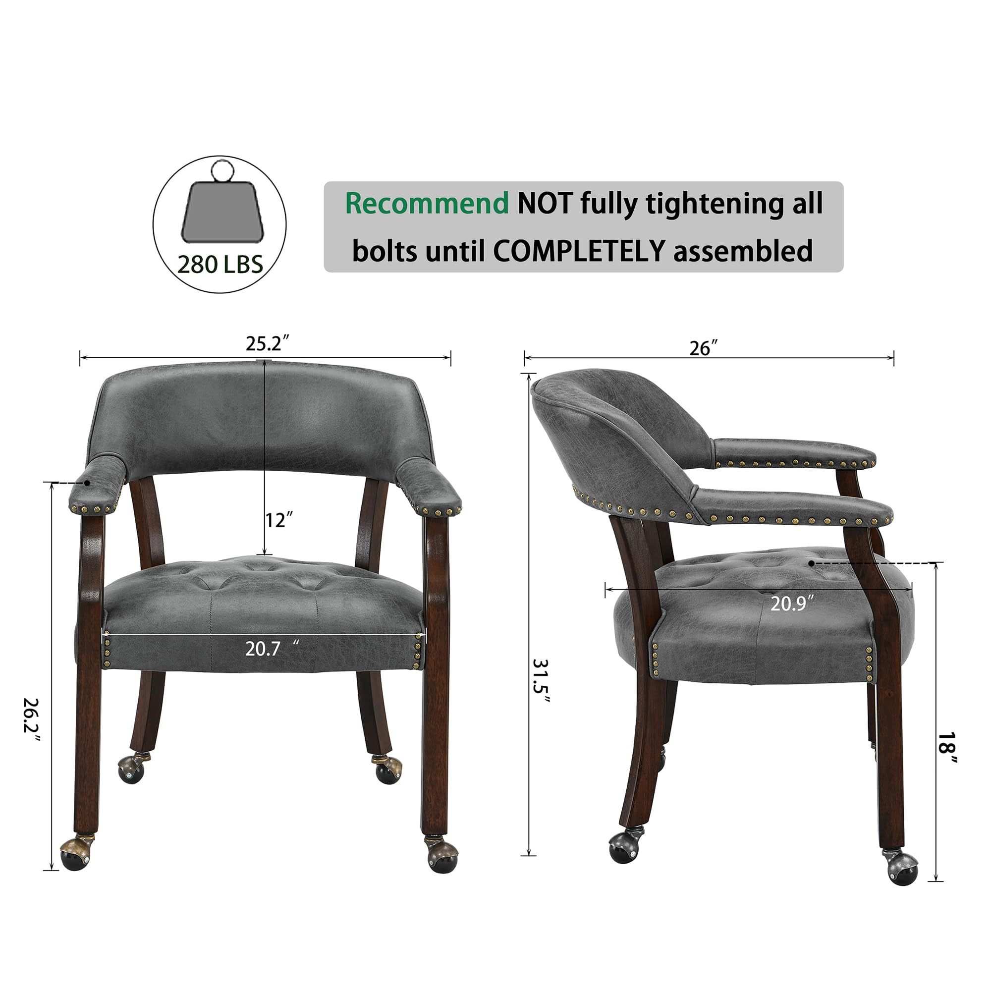 LEEMTORIG Large Rolling Dining Chairs with Casters & Arms - 26