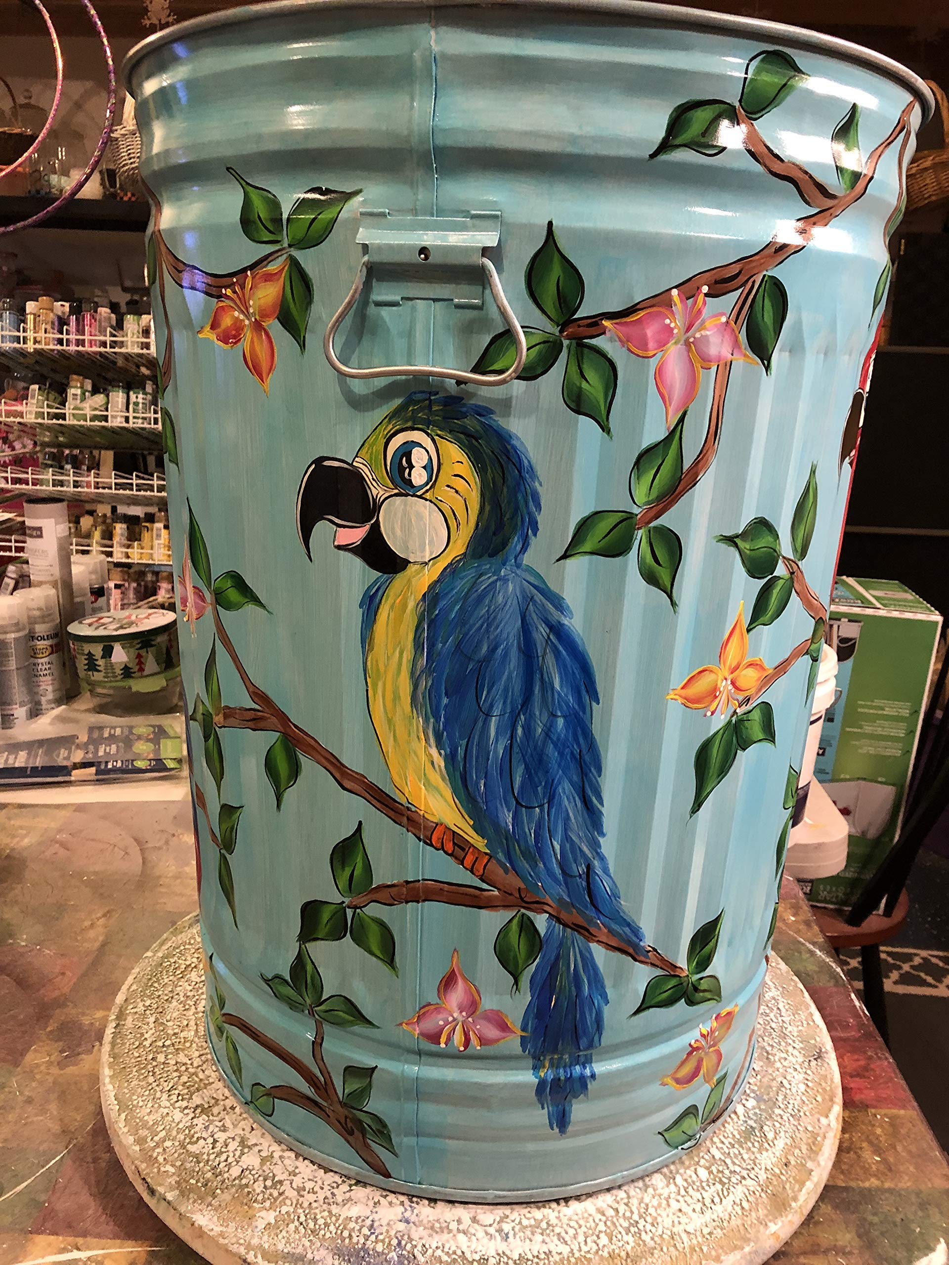 30 Gallon Hand Painted Galvanized Steel Trash Can - Durable Outdoor Garbage Bin for Home, Garden, and Commercial Use