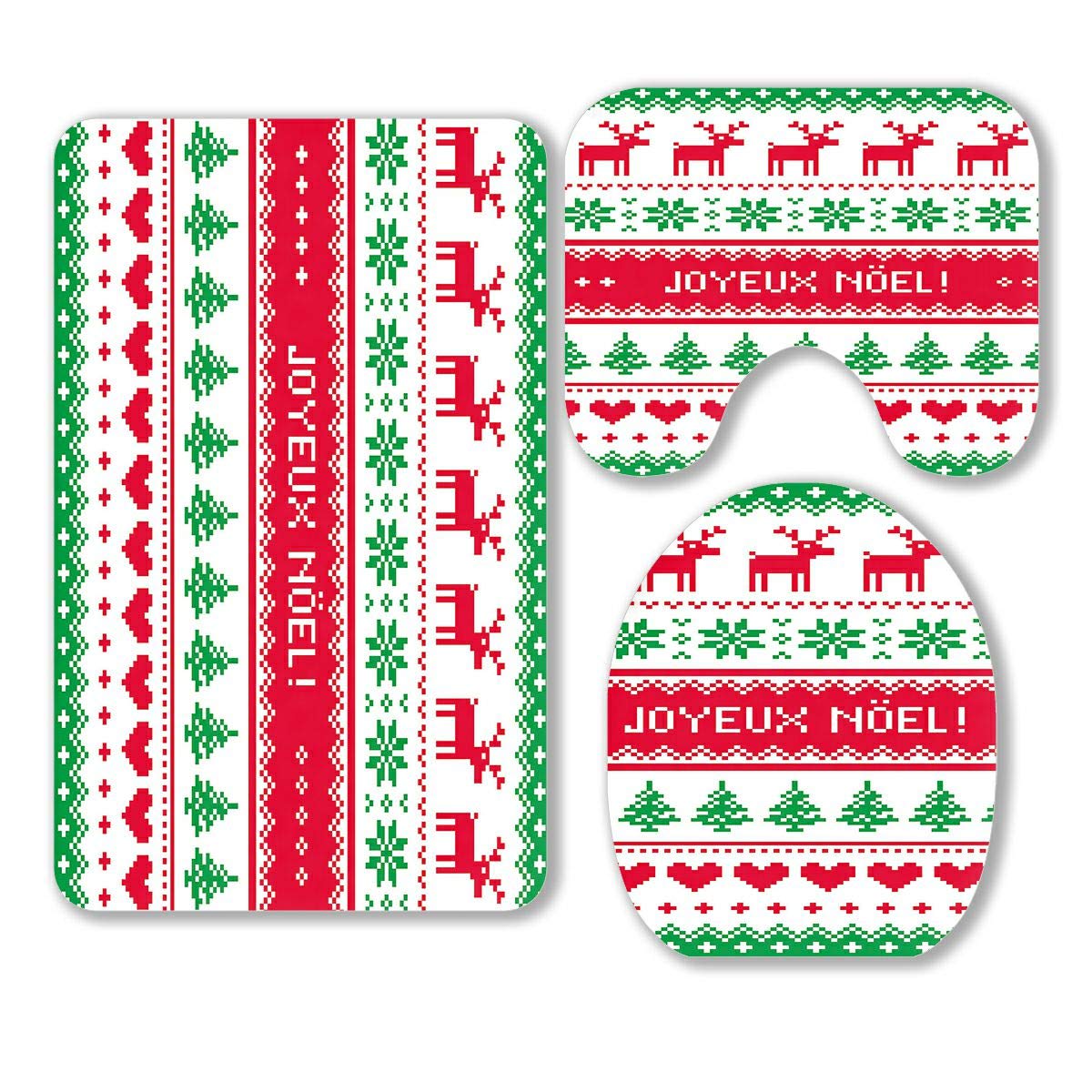 ABPHQTO Scandinavian Christmas Pattern 3-Piece Bathroom Rug Set - Non-Slip Bath Mat, Contour Rug & Toilet Lid Cover - Holiday Home Decor for Festive Bathroom (Red/Green Noel Design)