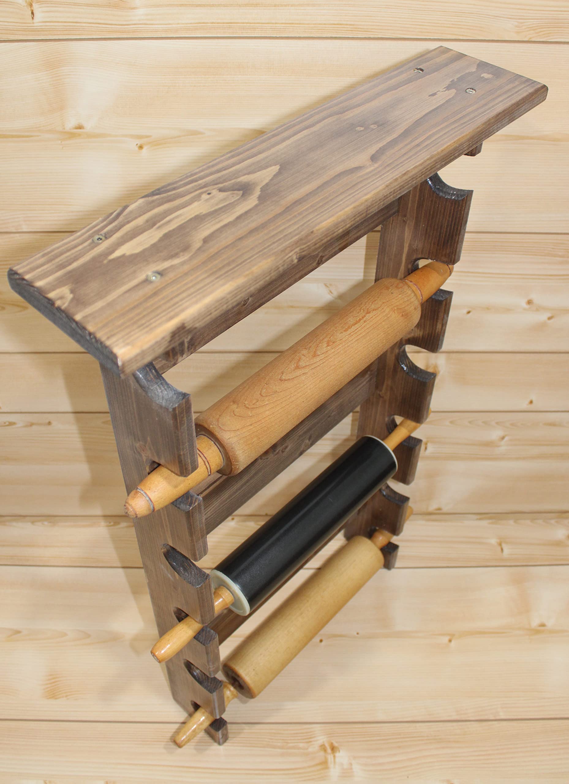 Provincial Style Rolling Pin Rack with Shelf - Wooden Rolling Pin Holder Organizer for 6 Pins - Kitchen Storage Solution for Baking Tools & Utensils - Perfect for Home Bakers & Professional Chefs