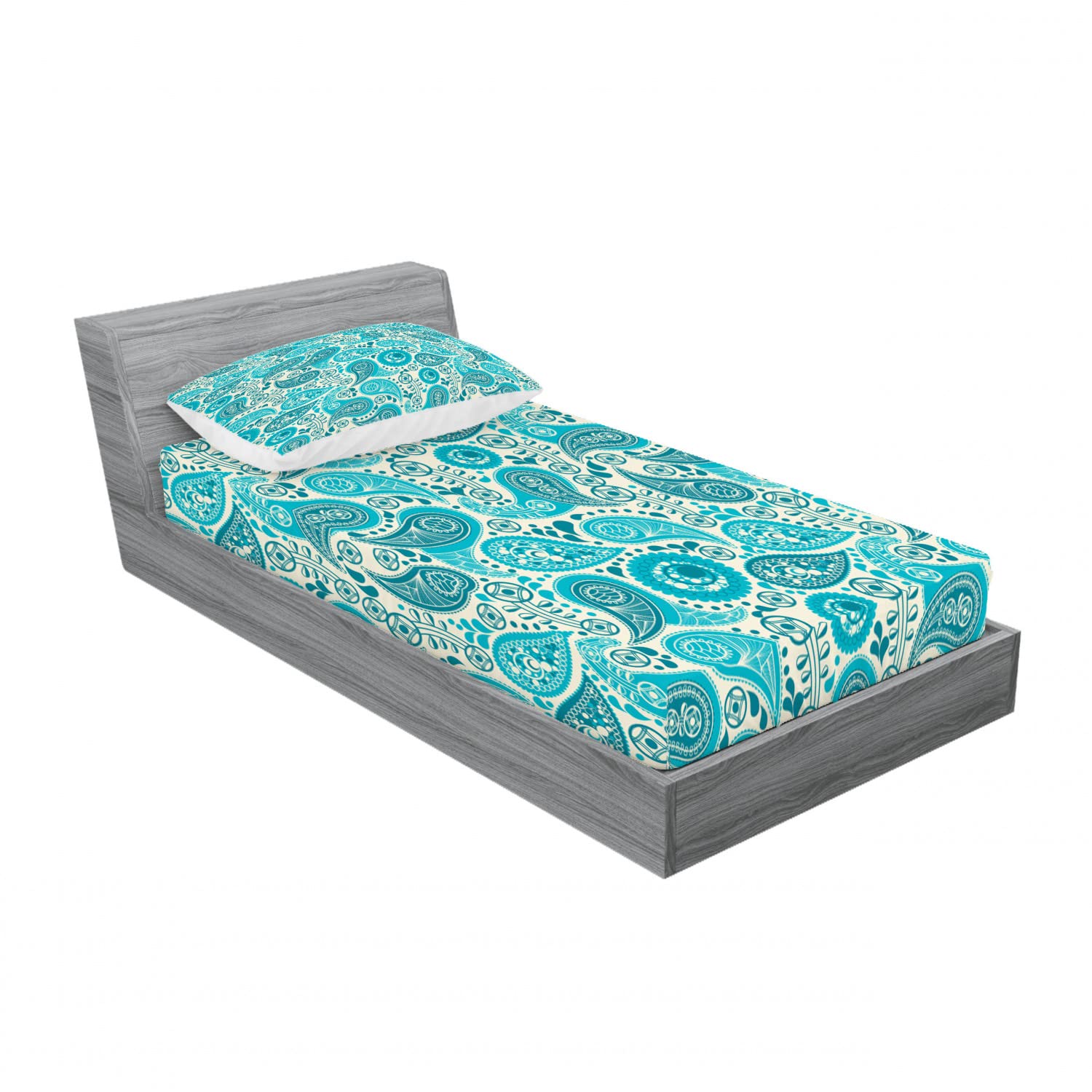 Ambesonne 2-Piece Twin Fitted Sheet & Pillow Sham Set - Blue Paisley Floral Design, 4-PC Bedding Collection (2 Fitted Sheets + 2 Pillowcases) in Teal & Aqua for Guest Room, Dorm or Kids Bedroom Decor