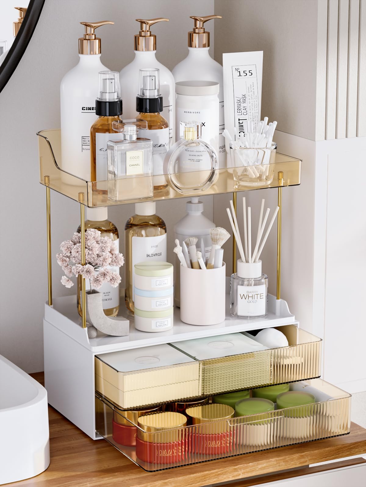 4-Tier Bathroom Organizer with 2 Drawers - Countertop Storage Shelf for Makeup, Skincare & Vanity Essentials - Space-Saving Dressing Table Organizer for Bedroom, Bathroom or Closet