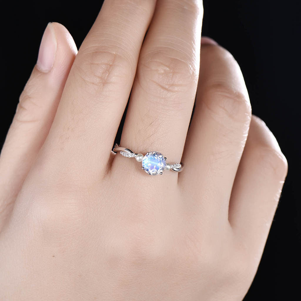 Infinity Round Cut Moonstone Engagement Ring with Akoya Pearl - 14K White Gold Three Stone Wedding Band for Bridal, Anniversary & Special Occasions